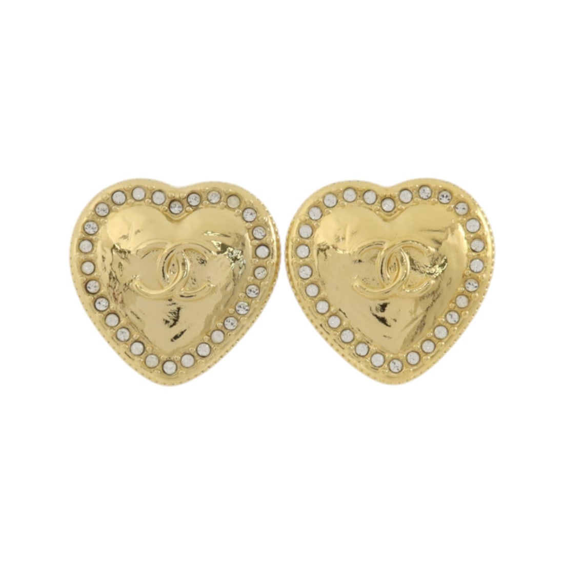 CHANEL A24 P CC Heart Crystal Pierced Earrings Gold Tone: CHANEL A24 P CC Heart Crystal Pierced Earrings Gold Tone CHANEL CC Crystal Heart pierced earrings in gold-tone metal with a crystal heart design. Includes a storage box. Condition is AB: Very Good. Sp