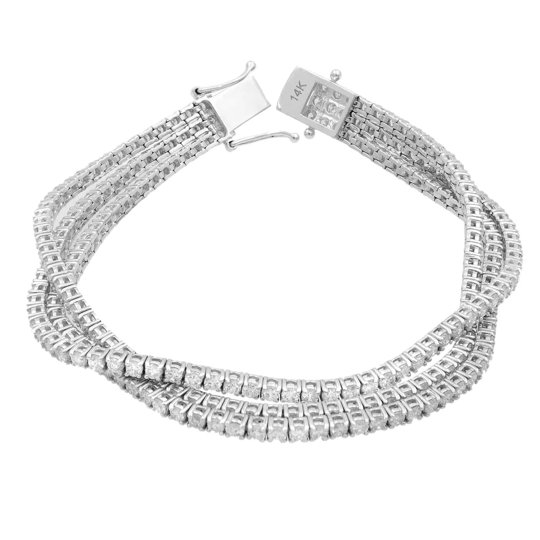Rachel Koen 14K White Gold 3 Row Diamond Tennis Bracelet 14.20 Cttw: Rachel Koen 14K White Gold 3 Row Diamond Tennis Bracelet 14.20 Cttw Pre-owned women's tennis bracelet featuring a 3-row prong-set design with natural round brilliant cut diamonds in 14K white gold. Th