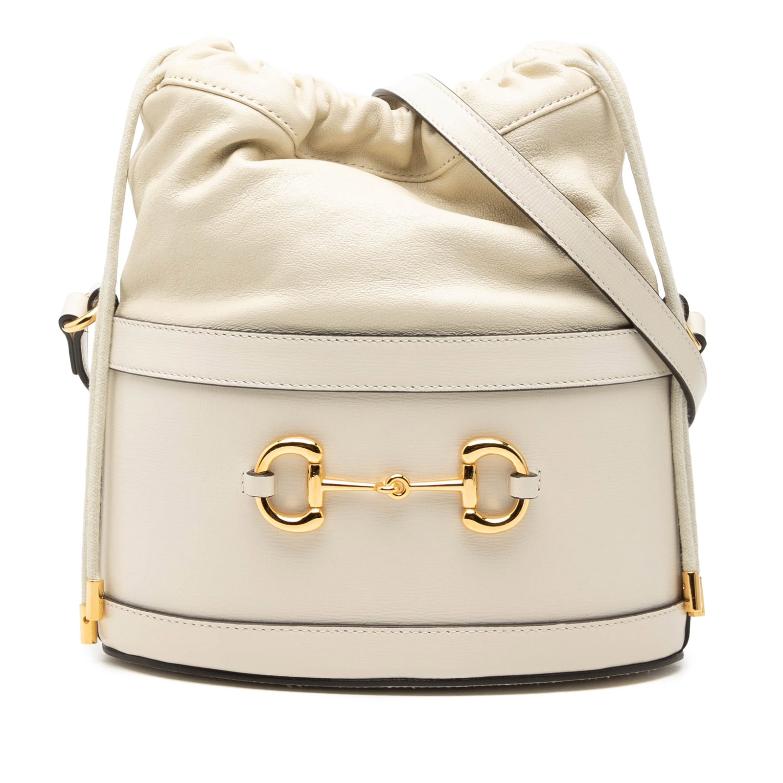 Gucci Horsebit 1955 Leather Bucket Bag White: Gucci Horsebit 1955 Leather Bucket Bag White Gucci Horsebit 1955 bucket bag crafted in white calfskin leather with the signature Horsebit design. It features a flat leather strap, an open top with dra