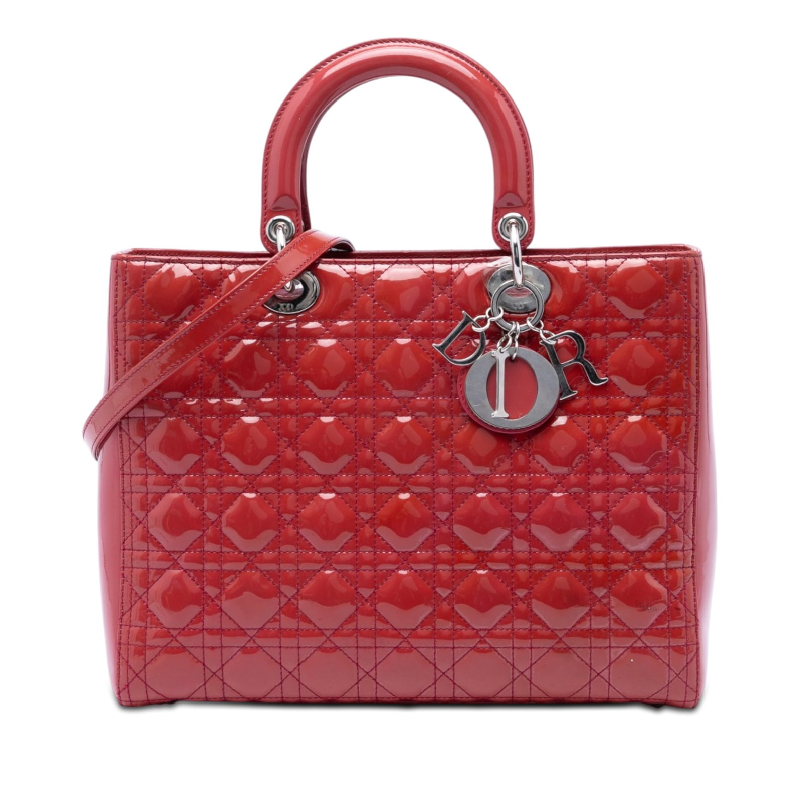 Dior Lady Dior Large Red Patent Leather Handbag: Dior Lady Dior Large Red Patent Leather Handbag Large Lady Dior bag in red patent leather with the Cannage design. It features flat leather top handles, a detachable flat leather strap, a top zip clos