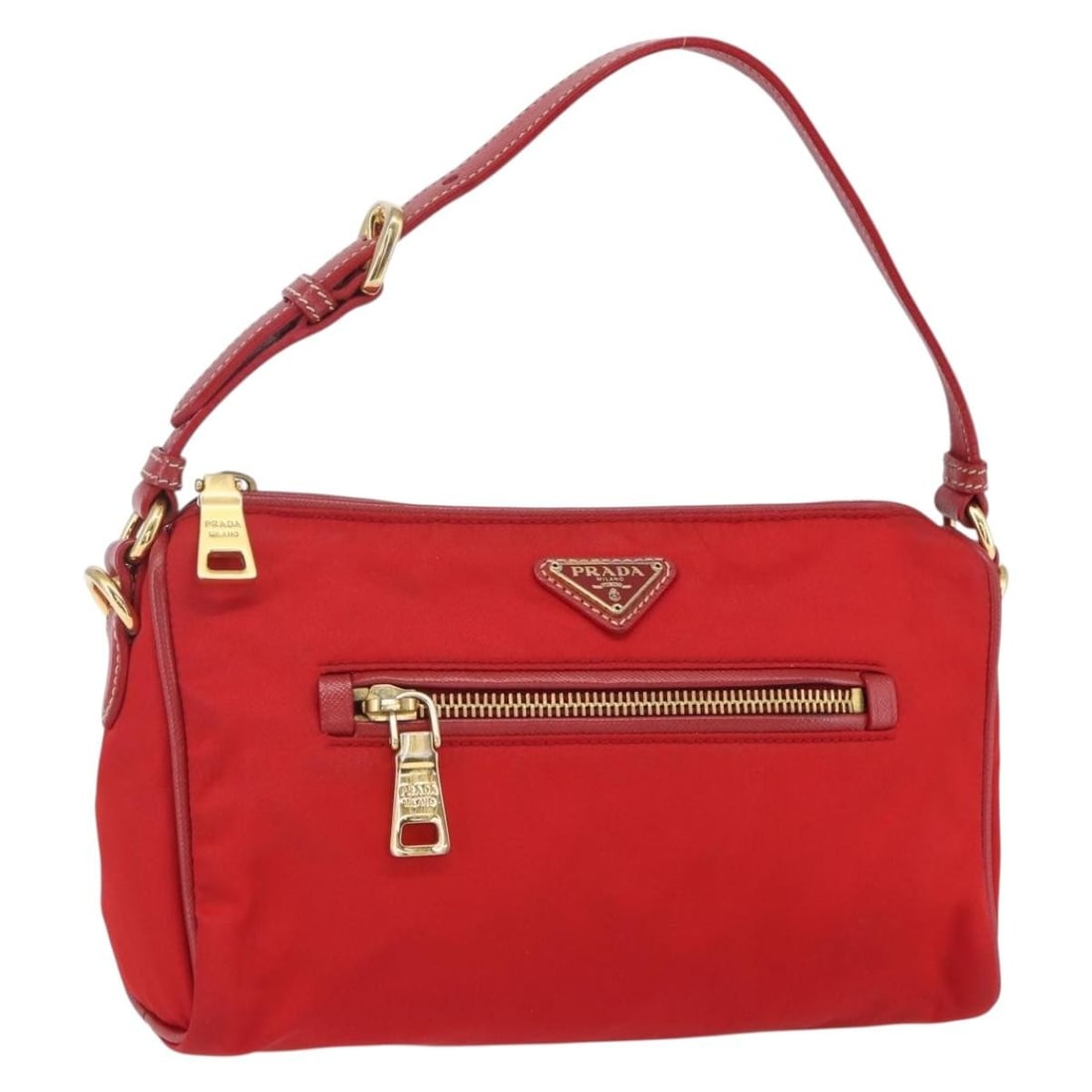 PRADA Red Nylon Shoulder Bag with Dust Bag Guarantee Card: PRADA Red Nylon Shoulder Bag with Dust Bag Guarantee Card Prada shoulder bag in red nylon with gold-tone accents. Made in Italy, this women's bag includes a dust bag and guarantee card. Condition is r