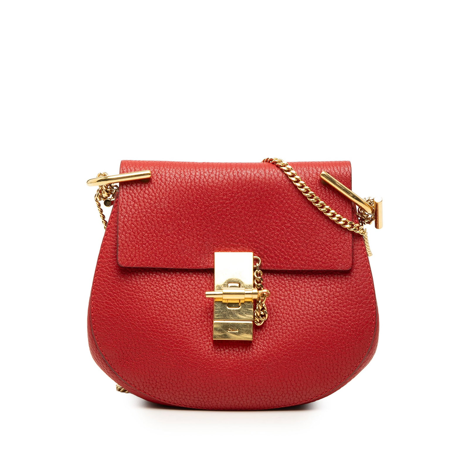 Chloe Drew Mini Red Leather Crossbody Bag: Chloe Drew Mini Red Leather Crossbody Bag Chloe Mini Leather Drew Crossbody in red leather with a chain-link strap, top flap, and pin-lock closure. The interior includes a slip pocket. Condition AB wi