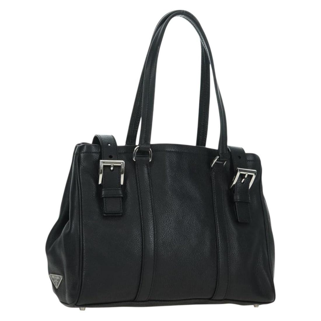 Prada Black Leather Tote Bag with Dust Bag Guarantee Card: Prada Black Leather Tote Bag with Dust Bag Guarantee Card Authentic Prada tote bag crafted in black leather with silver-tone accents. This women's bag includes a dust bag and guarantee card. Condition