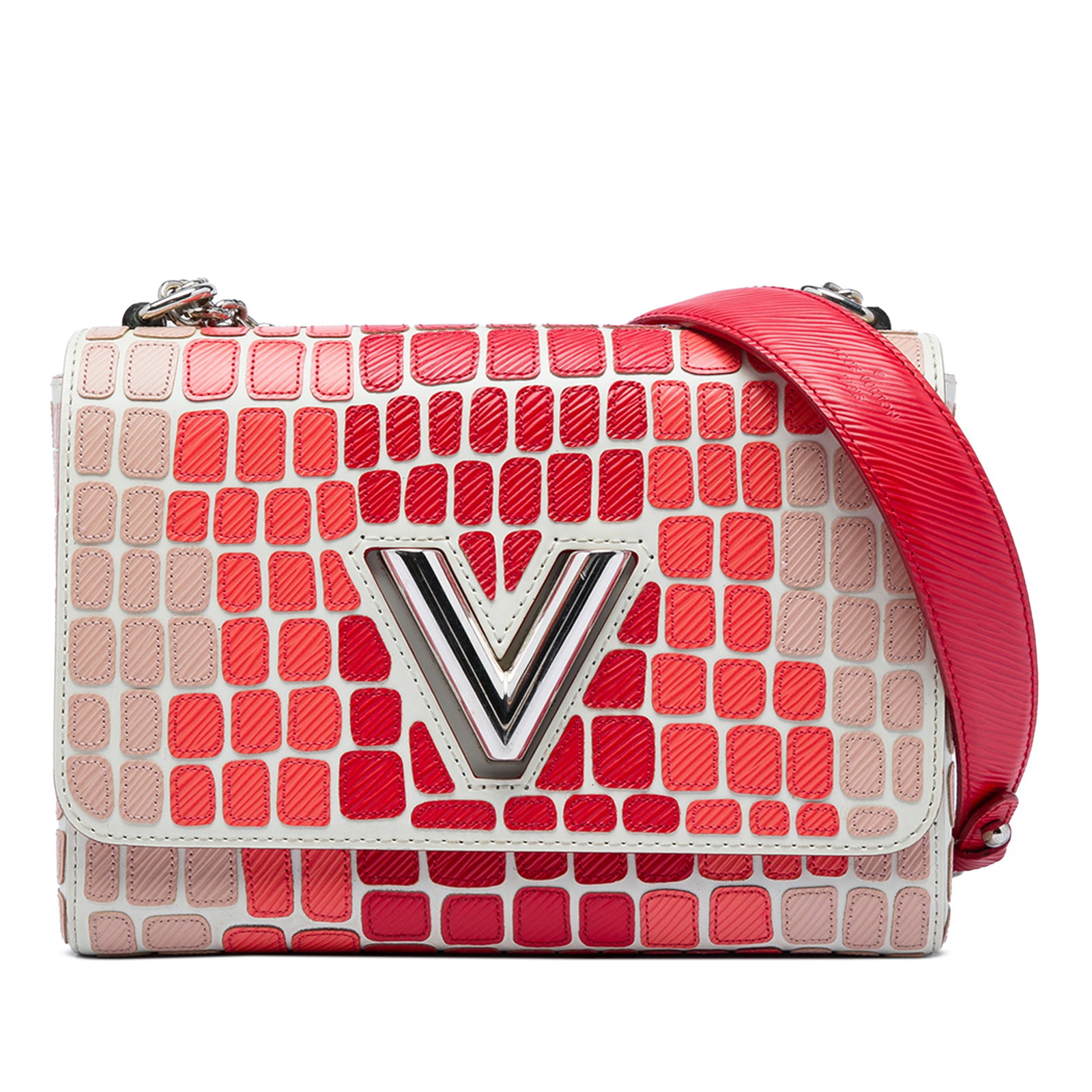 Louis Vuitton Twist MM Pink Epi Patchwork Shoulder Bag: Louis Vuitton Twist MM Pink Epi Patchwork Shoulder Bag Louis Vuitton Epi Patchwork Twist MM shoulder bag with a top flap and LV twist lock closure. The design features chain straps with a leather guar