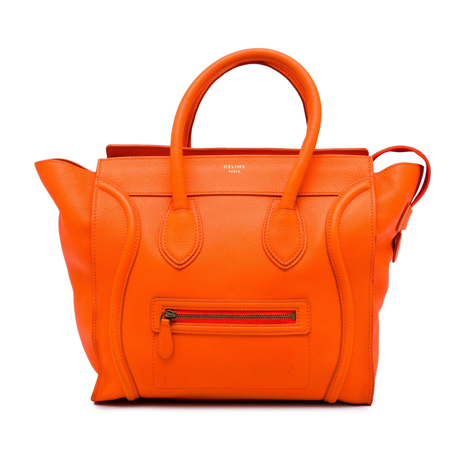 Celine Mini Luggage Leather Tote Bag Orange: Celine Mini Luggage Leather Tote Bag Orange Celine Mini Leather Luggage Tote in orange leather with rolled handles, a top zip closure, an exterior front zip pocket, and interior zip and slip pockets. 