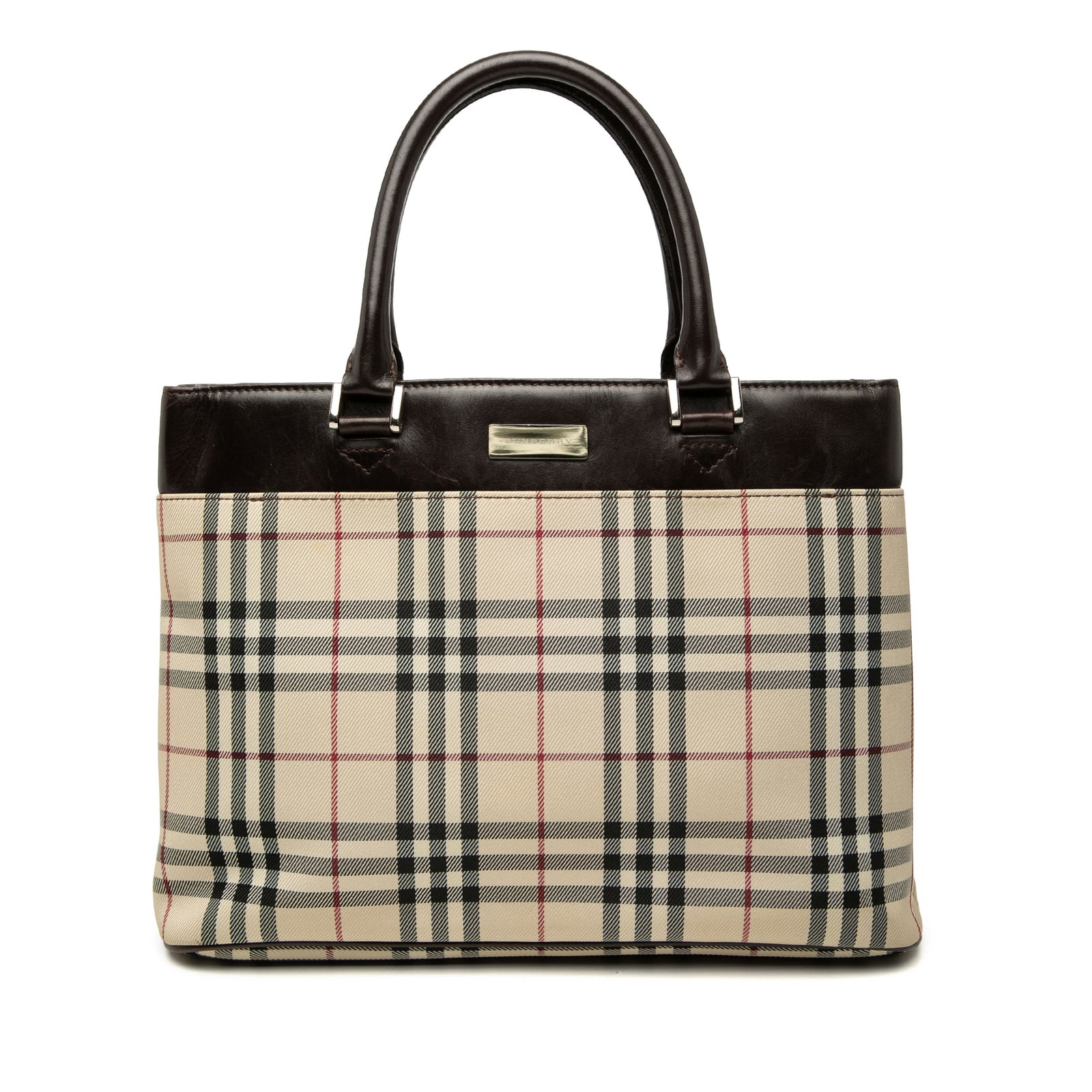 Burberry House Check Tote Bag in Canvas with Leather Trim: Burberry House Check Tote Bag in Canvas with Leather Trim Burberry House Check canvas tote with leather trim and rolled leather handles. The bag features an open top, an interior zip compartment, and 