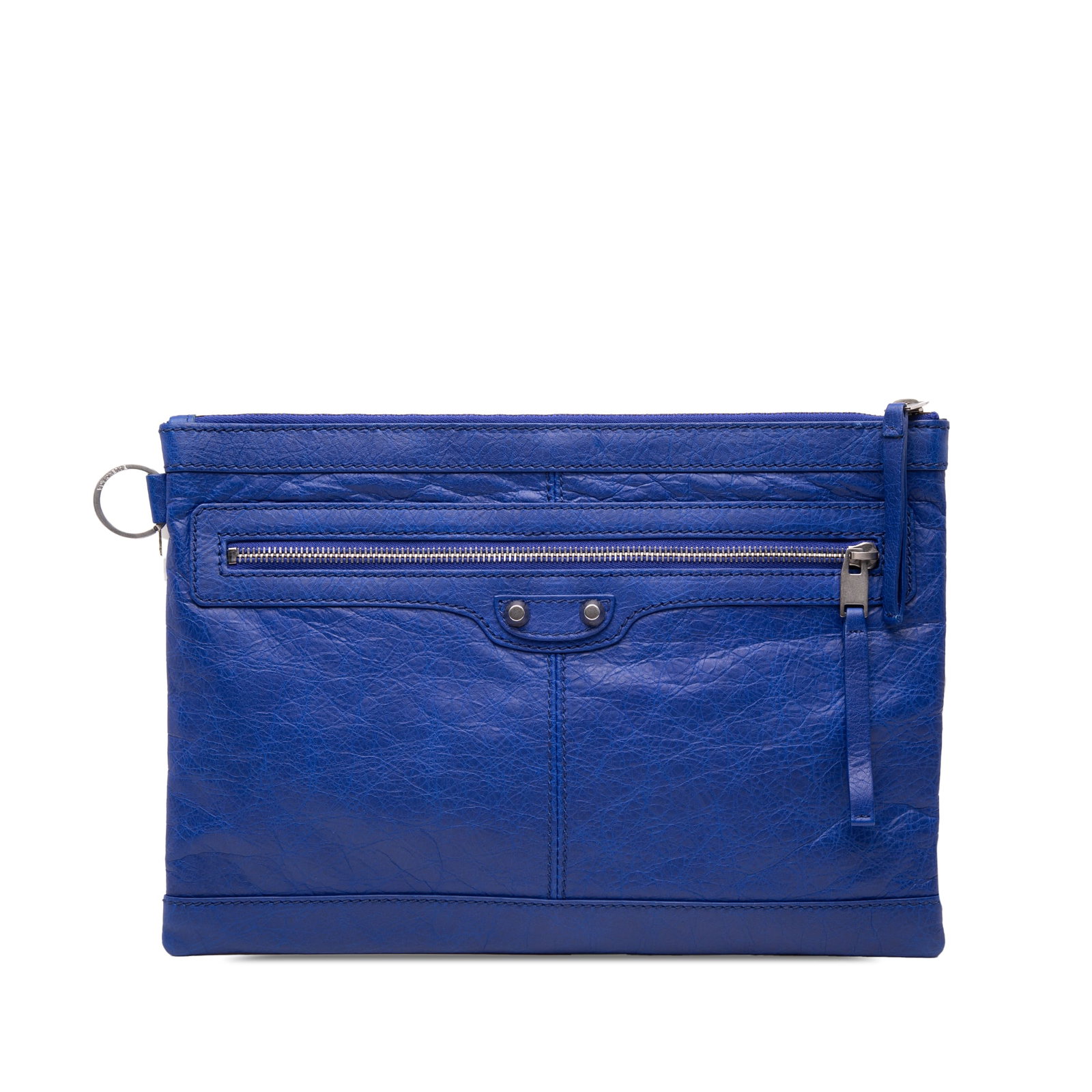Balenciaga Classic Clip M Lambskin Motocross Leather Clutch: Balenciaga Classic Clip M Lambskin Motocross Leather Clutch Balenciaga Lambskin Motocross Classic Clip M Clutch in blue leather. This clutch features a top zip closure and an exterior front zip pocket