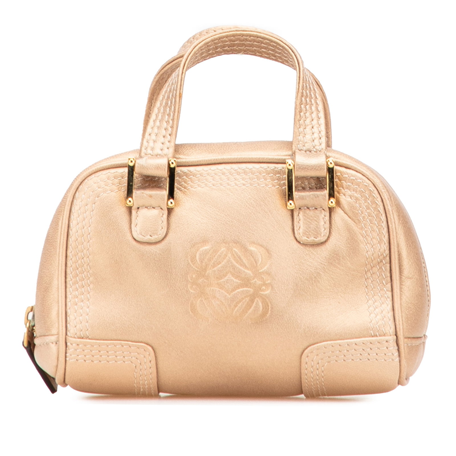 LOEWE Micro Amazona Satchel Gold Metallic Leather Bag: LOEWE Micro Amazona Satchel Gold Metallic Leather Bag Introducing the LOEWE Micro Metallic Leather Amazona Satchel, a chic accessory crafted from luxurious metallic leather. This stylish satchel featu
