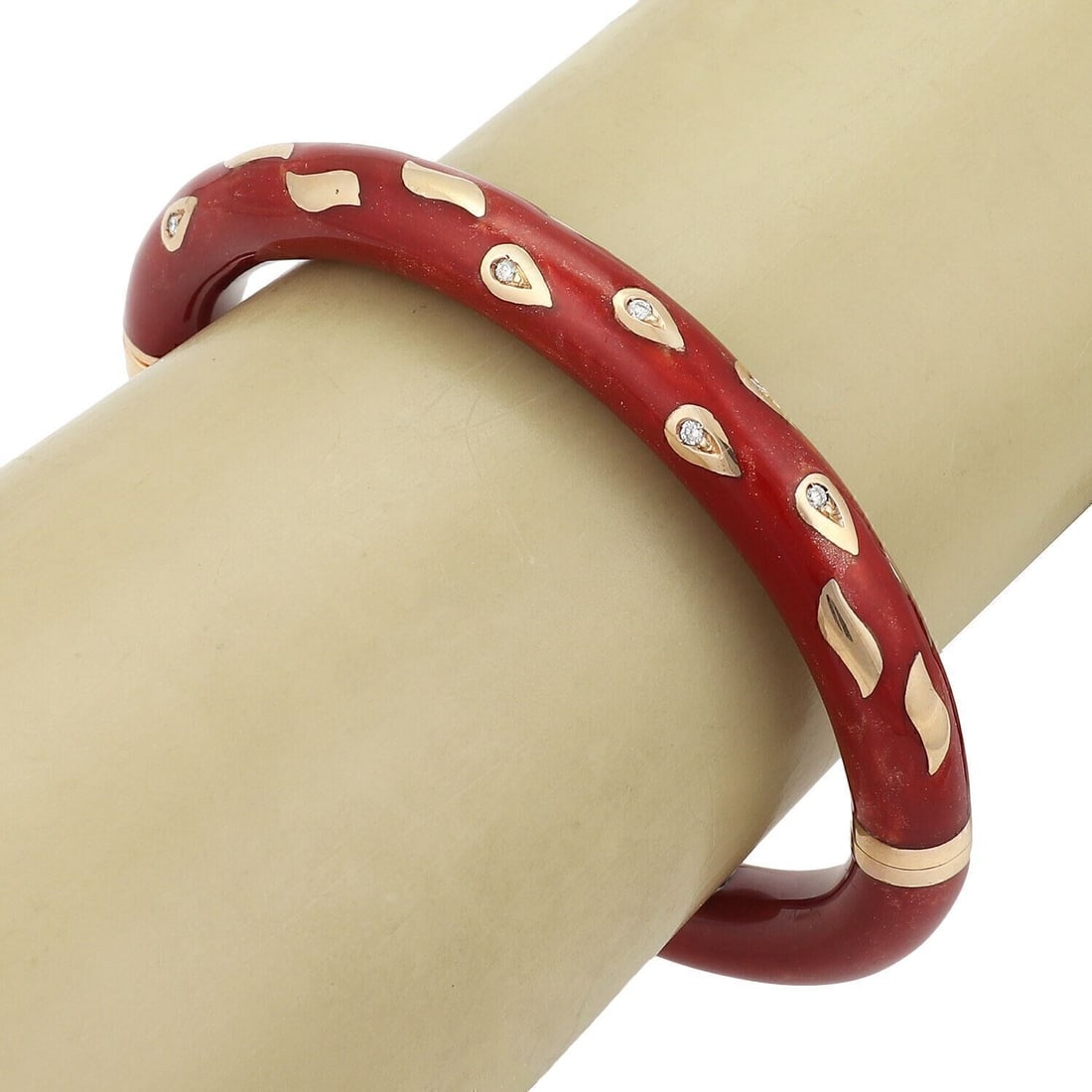 Nouvelle Bague 18k Rose Gold Sterling Silver Diamond Red Enamel Bangle: Nouvelle Bague 18k Rose Gold Sterling Silver Diamond Red Enamel Bangle Pre-owned signed bangle bracelet by Nouvelle Bague featuring a sculptural mixed-metal design with red enamel detailing and diamon