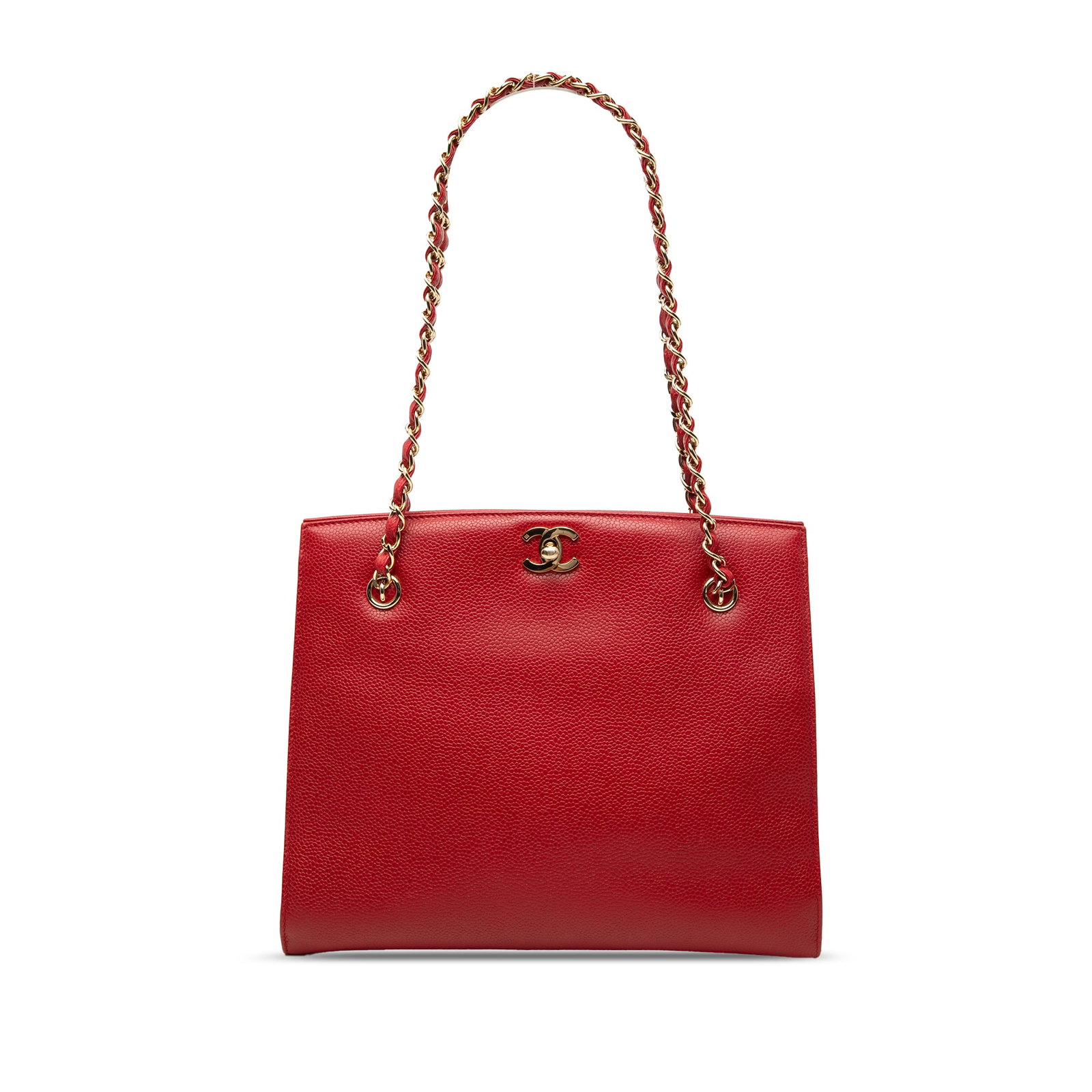 Chanel CC Turn Lock Chain Tote in Red Caviar Leather: Chanel CC Turn Lock Chain Tote in Red Caviar Leather Chanel CC Caviar Turn Lock Chain Tote in red caviar leather with leather-woven chain straps and an open top secured by a CC turn-lock closure. The 