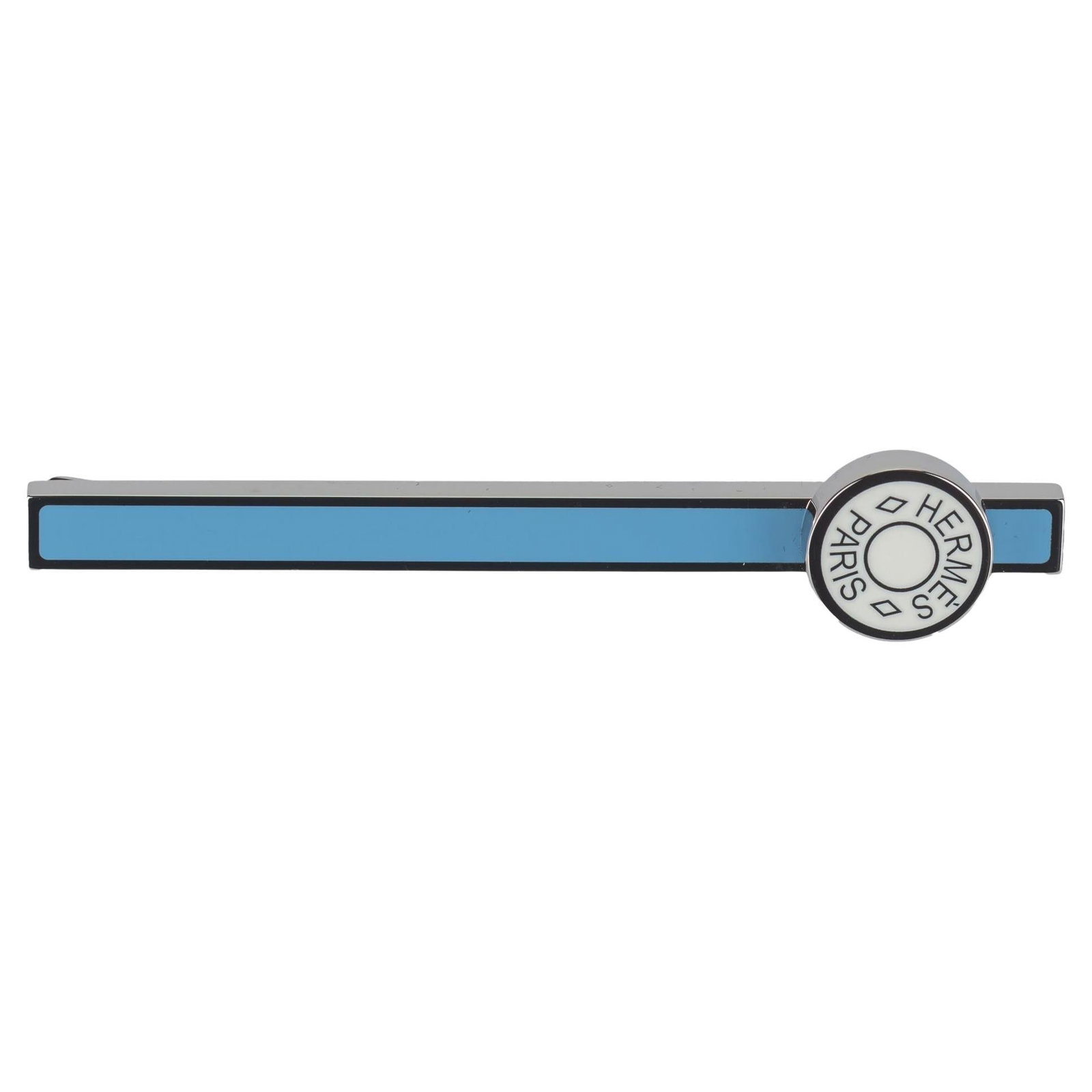 Hermes Licol Blue Lacquered Palladium Tie Bar with Box Pouch Booklet: Hermes Licol Blue Lacquered Palladium Tie Bar with Box Pouch Booklet Hermes "Pince a Cravate" tie bar in palladium with a blue lacquered Licol design. Includes the booklet, original pouch, and box. Ti