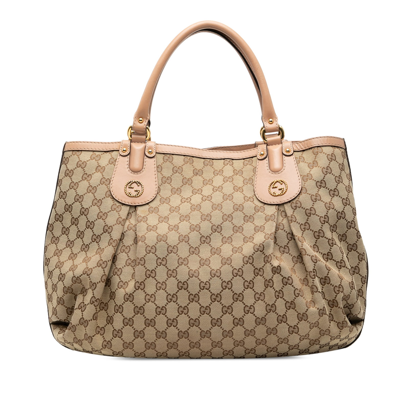Gucci Scarlett Tote Beige Large GG Canvas with Leather Trim: Gucci Scarlett Tote Beige Large GG Canvas with Leather Trim The Gucci Large GG Canvas Scarlett Tote is crafted with a canvas body and leather trim, featuring rolled leather handles and an open top sec