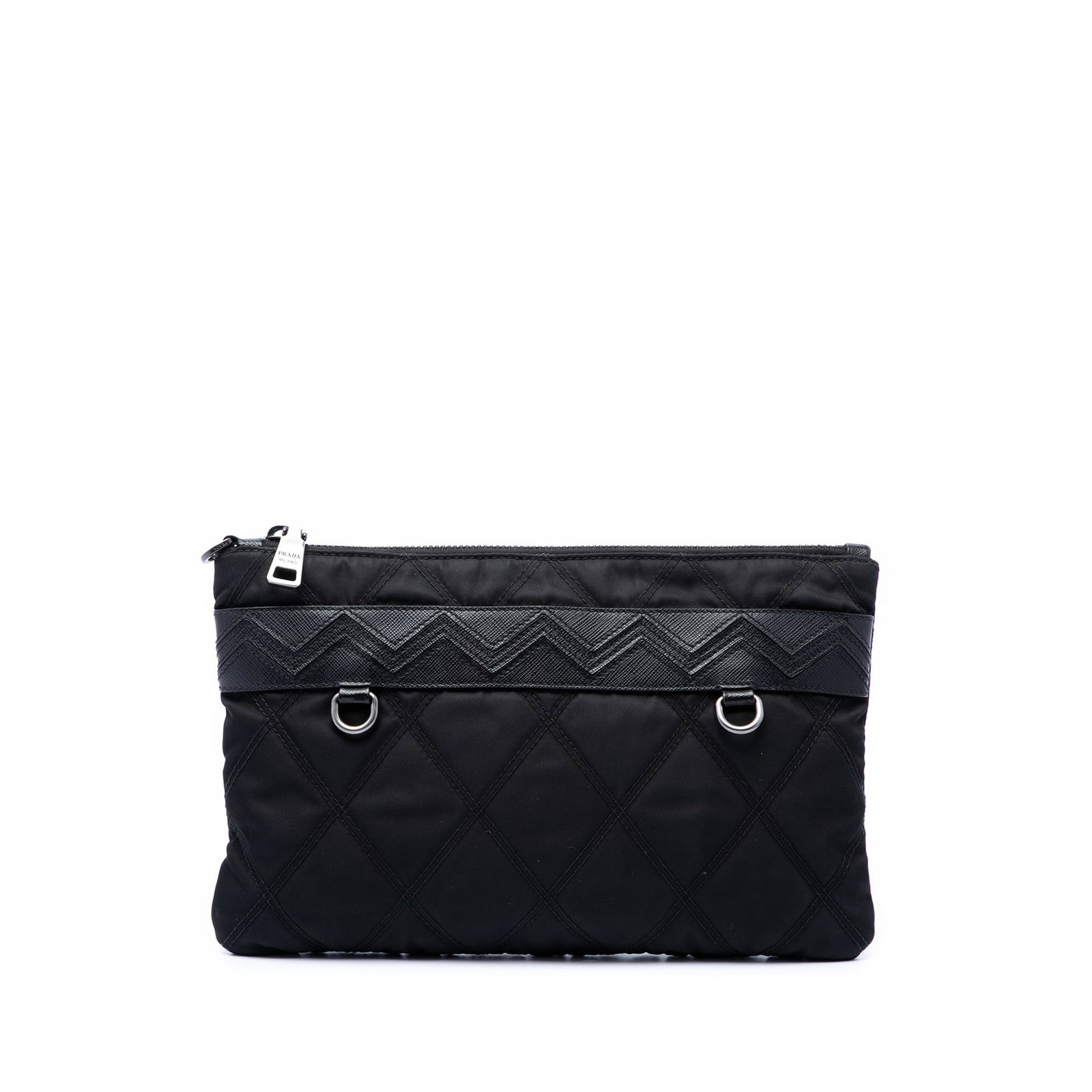 Prada Tessuto Impunturato Zip Clutch with Saffiano Leather Trim: Prada Tessuto Impunturato Zip Clutch with Saffiano Leather Trim Prada Tessuto Impunturato clutch with a quilted nylon body and Saffiano leather trim. The design features a top zip closure and interior