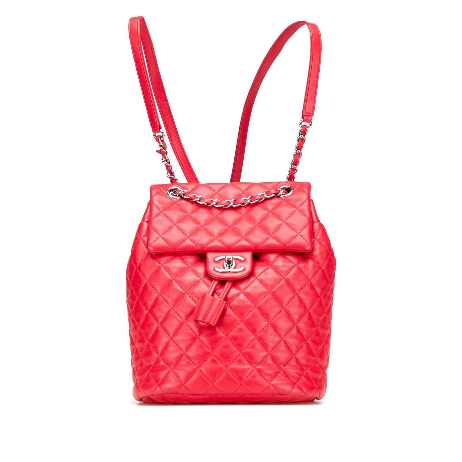 Chanel Red Small Lambskin Urban Spirit Backpack with Chain Handle: Chanel Red Small Lambskin Urban Spirit Backpack with Chain Handle Introducing the Chanel Small Lambskin Urban Spirit Backpack, a chic accessory crafted from luxurious quilted lambskin leather in a str