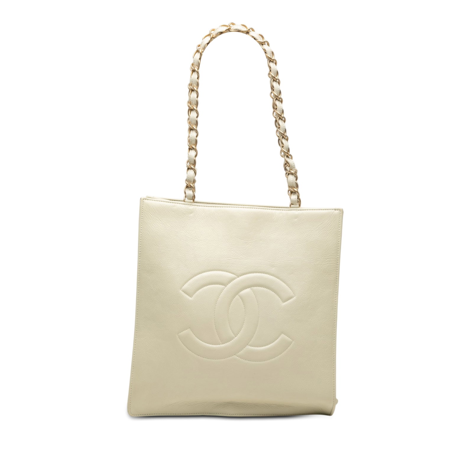 Chanel North South Shopping Tote in Shiny Aged Calfskin: Chanel North South Shopping Tote in Shiny Aged Calfskin Chanel North South Shopping Tote in shiny aged calfskin with leather-woven chain straps and an open top with magnetic snap button closure. The i