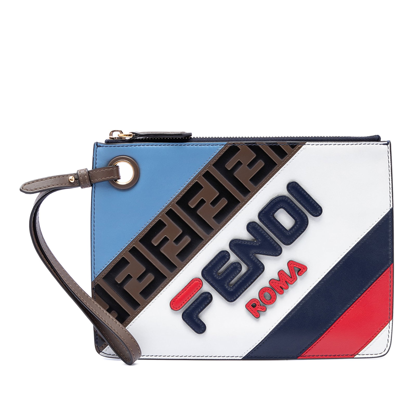 Fendi Fila Mania Zucca Embossed Leather Wristlet Clutch: Fendi Fila Mania Zucca Embossed Leather Wristlet Clutch Fendi Fila Mania clutch crafted in multicolor Zucca embossed leather with a flat wrist strap and top zip closure. The interior shows creasing an