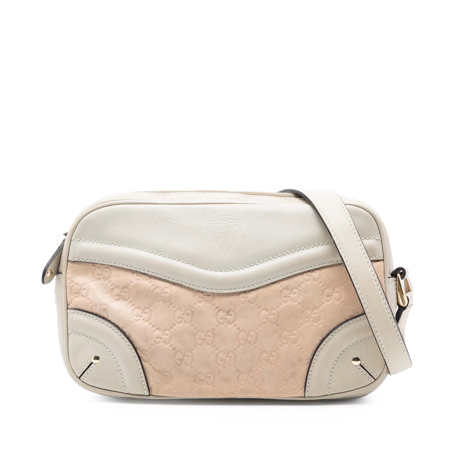 Gucci Guccissima Crest Pink Leather Shoulder Bag with Adjustable Strap: Gucci Guccissima Crest Pink Leather Shoulder Bag with Adjustable Strap The Guccissima Crest Shoulder Bag features a pink leather body with an embossed crest design. It includes an adjustable flat leat