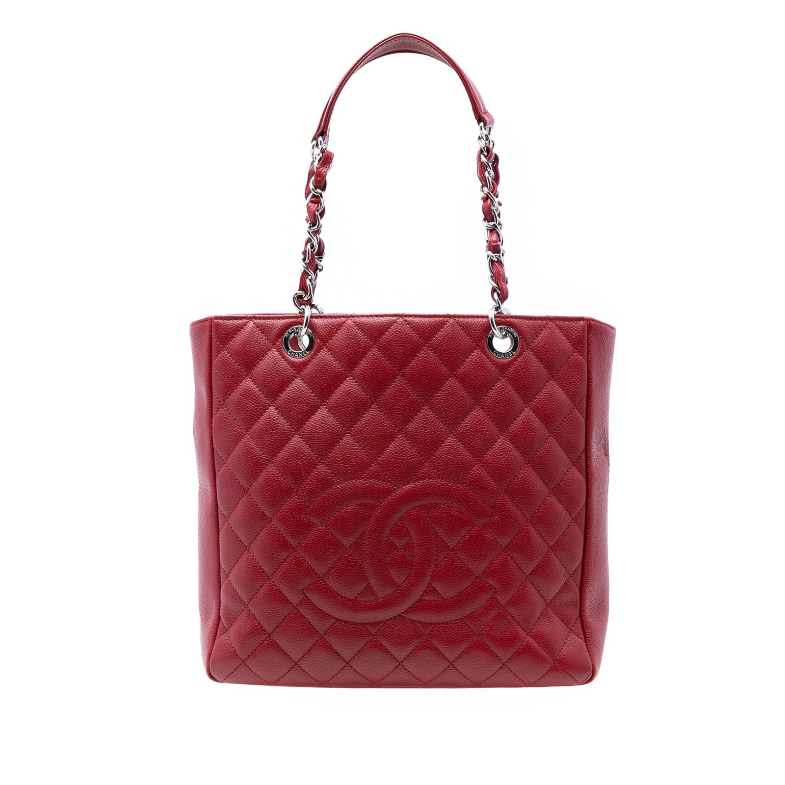 Chanel Caviar Vertical Grand Shopping Tote Red Leather: Chanel Caviar Vertical Grand Shopping Tote Red Leather This Chanel Caviar Vertical Grand Shopping Tote features a quilted caviar leather body in red, chain link handles with a leather guard, an open t