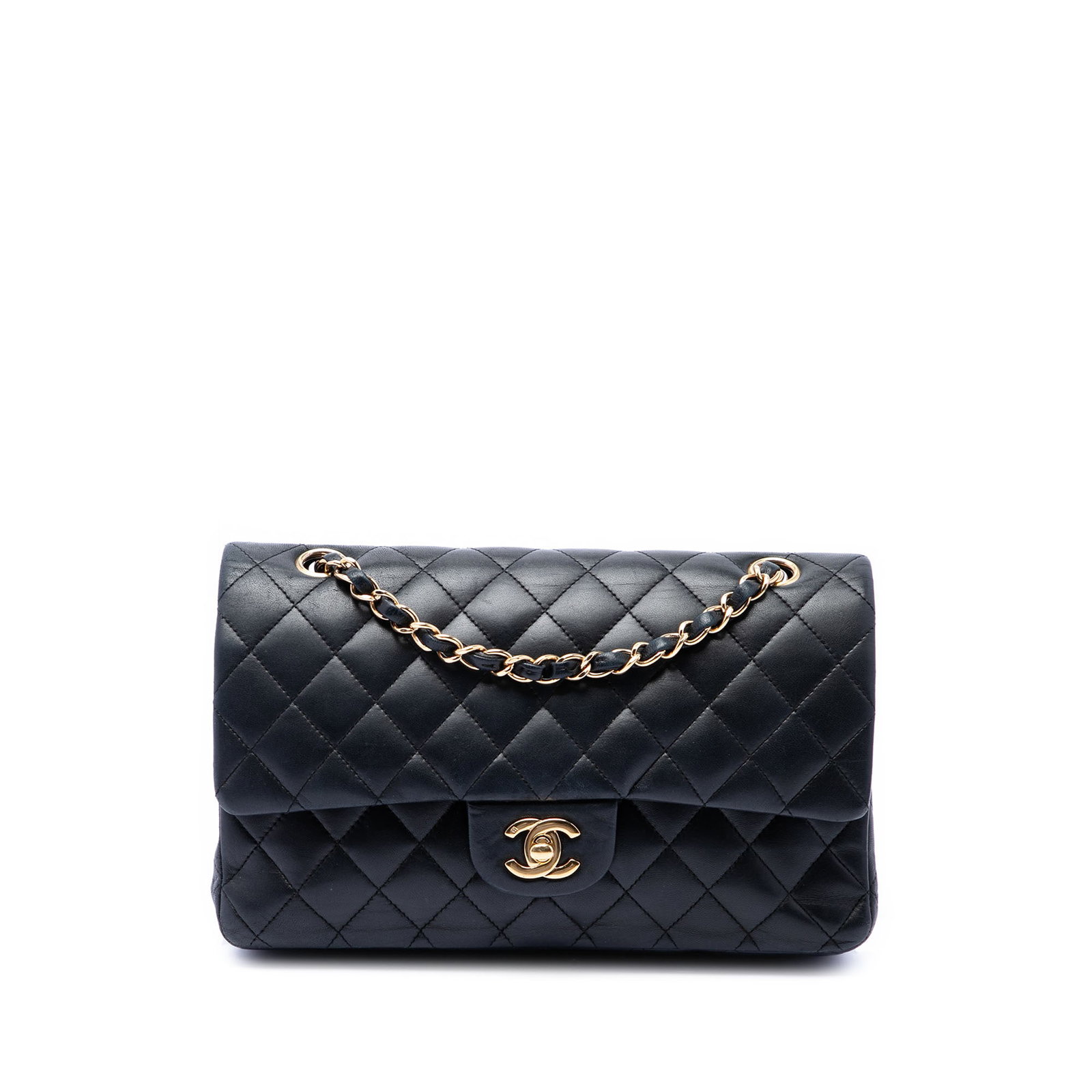 Chanel Medium Classic Double Flap Shoulder Bag Black Lambskin: Chanel Medium Classic Double Flap Shoulder Bag Black Lambskin Chanel Medium Classic Lambskin Double Flap shoulder bag in black quilted lambskin. This bag features leather-woven chain straps, double fr