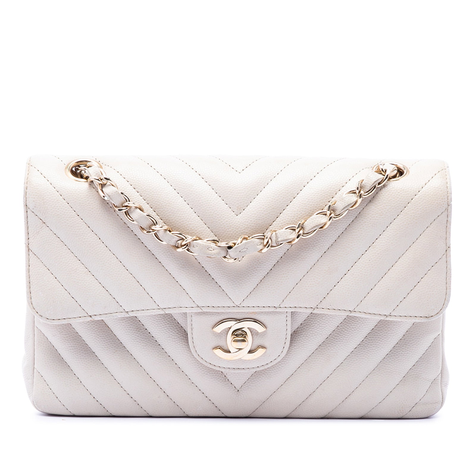 Chanel Small Classic Chevron Double Flap White Caviar Shoulder Bag: Chanel Small Classic Chevron Double Flap White Caviar Shoulder Bag Chanel Small Classic Chevron Caviar Double Flap shoulder bag in white caviar leather. This bag features chevron quilting, leather-wov