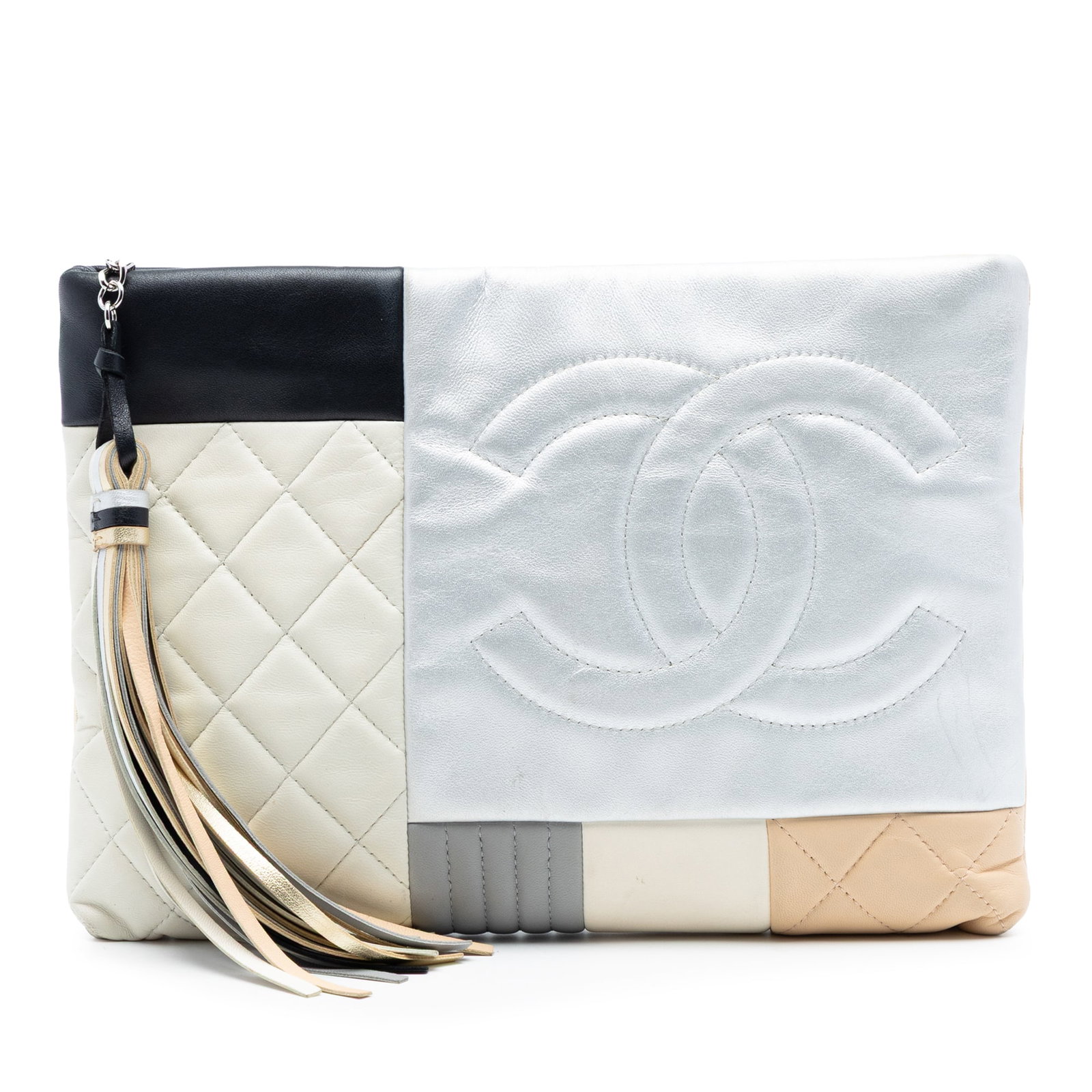 Chanel O Case Large Colorblock Quilted Lambskin Clutch: Chanel O Case Large Colorblock Quilted Lambskin Clutch Chanel O Case clutch in quilted colorblock patchwork lambskin leather with a top zip closure. Includes dust bag and card. Condition AB with wear 