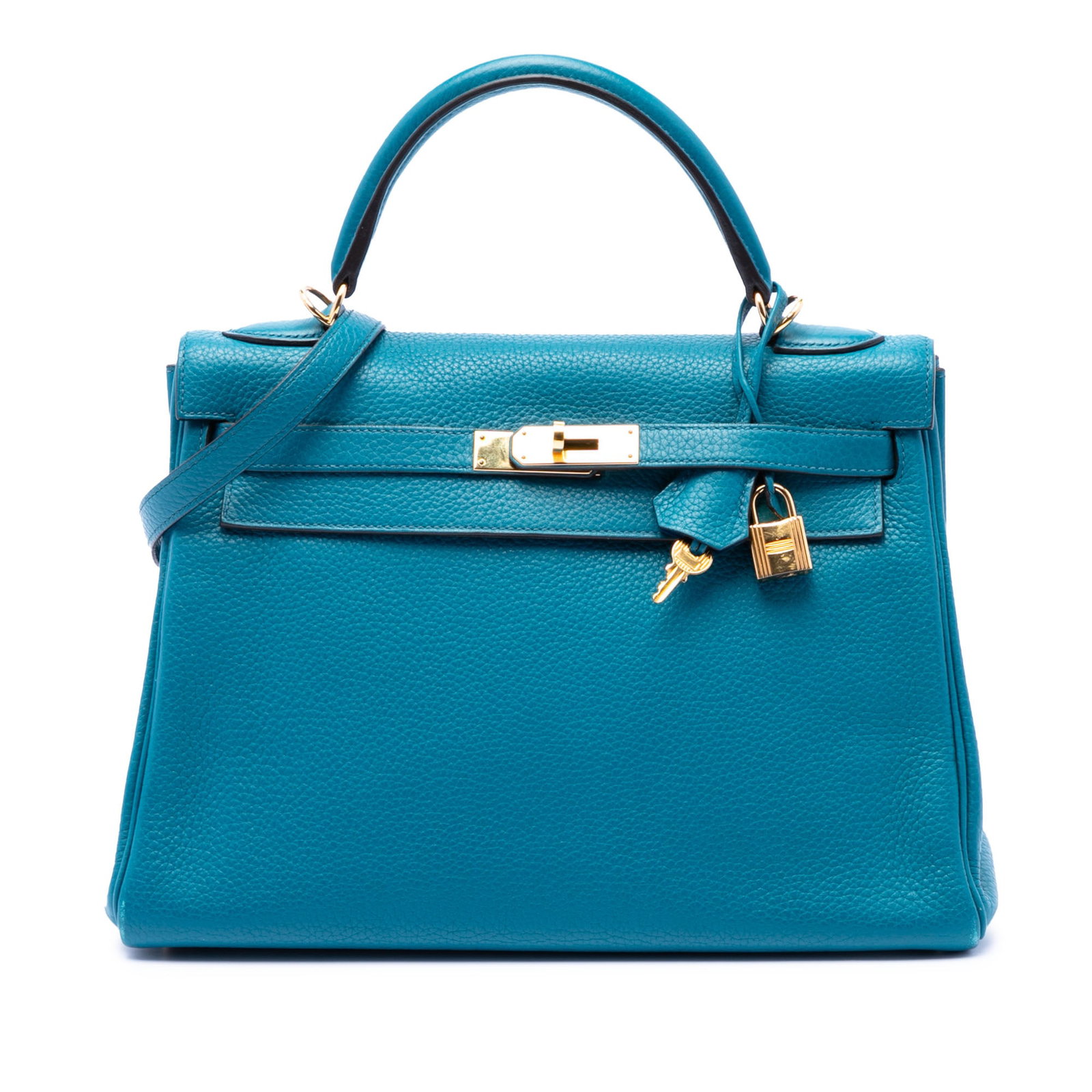 Hermes Kelly II Retourne 32 Blue Izmir Clemence Handbag: Hermes Kelly II Retourne 32 Blue Izmir Clemence Handbag Hermes Kelly II Retourne 32 in Blue Izmir Clemence leather. This handbag features a rolled leather top handle, a detachable flat leather shoulde