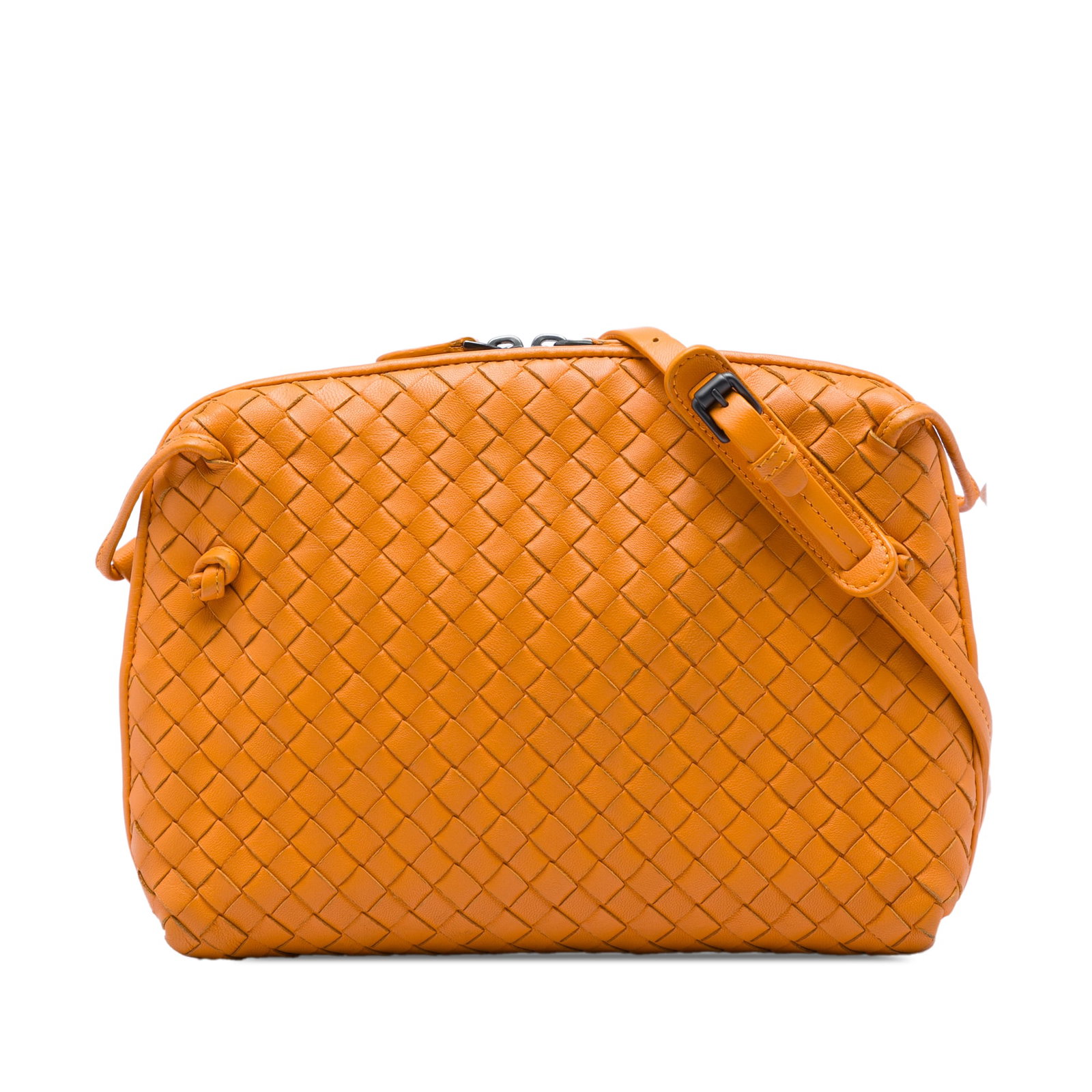 Bottega Veneta Nodini Crossbody Bag Orange Nappa Intrecciato Leather: Bottega Veneta Nodini Crossbody Bag Orange Nappa Intrecciato Leather This Bottega Veneta Nodini crossbody bag is crafted in woven nappa leather and features an adjustable flat leather shoulder strap w
