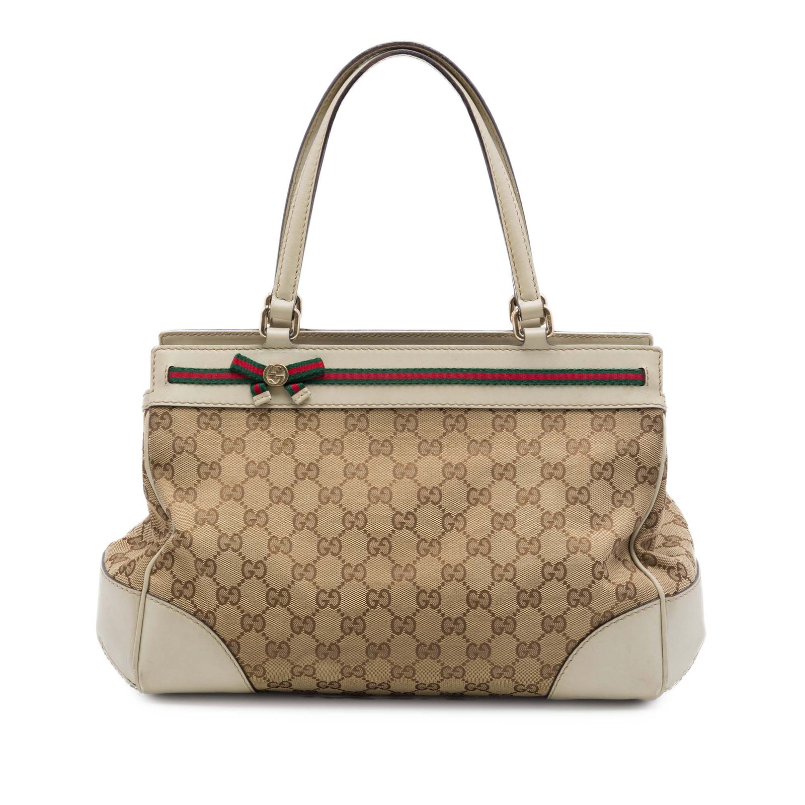 Gucci Mayfair Tote in Beige GG Canvas with Web Stripe: Gucci Mayfair Tote in Beige GG Canvas with Web Stripe Gucci GG Canvas Web Mayfair Tote in beige canvas with leather trim and flat leather handles. The bag features a top zip closure, along with interi