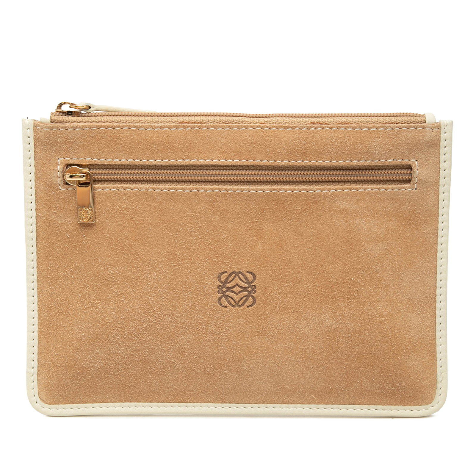 LOEWE Anagram suede leather zip pouch beige: LOEWE Anagram suede leather zip pouch beige LOEWE suede flat pouch with the Anagram design, featuring a top zip closure and an exterior zip pocket. Made in Spain, this piece includes the original dust