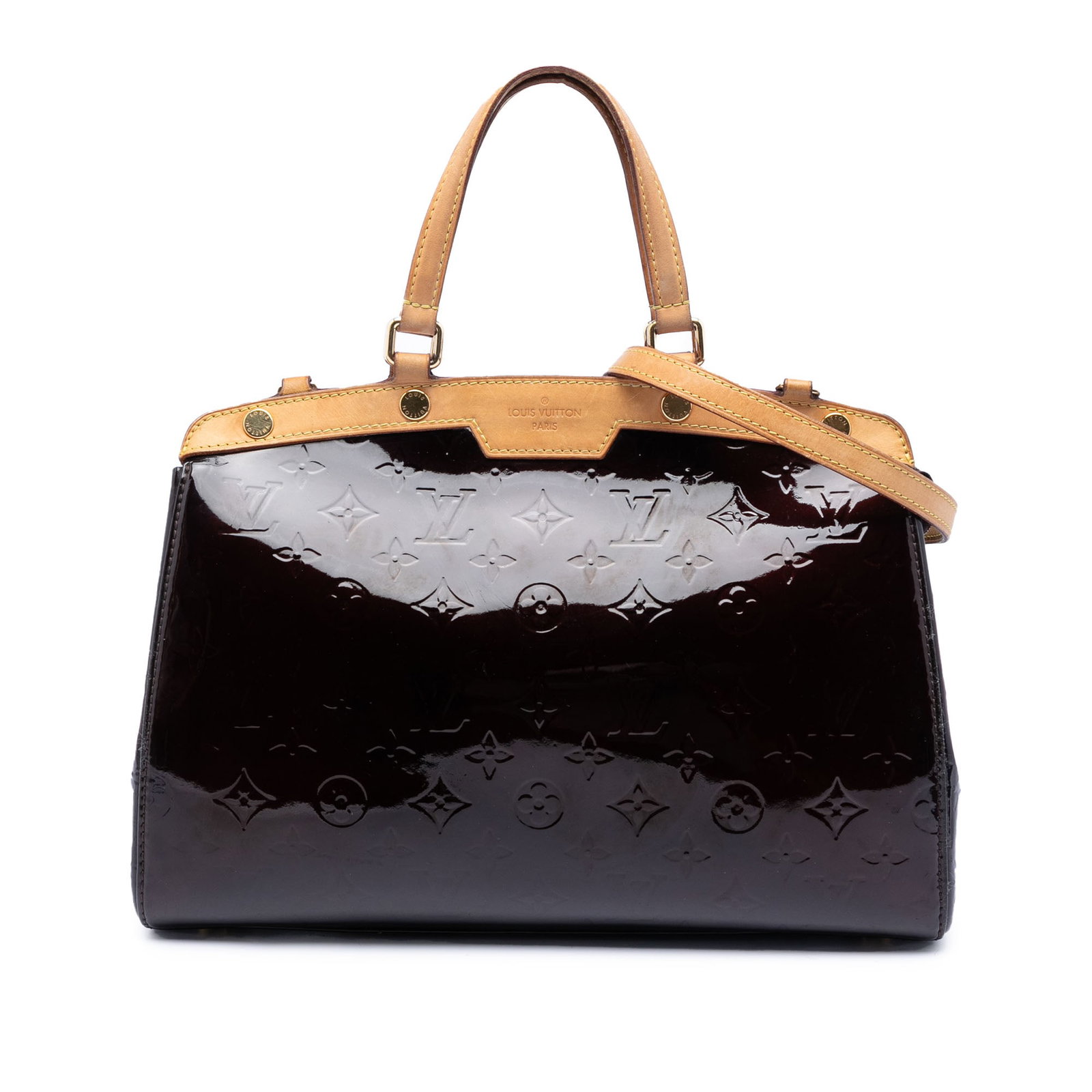 Louis Vuitton Brea MM Vernis Purple Leather Bag: Louis Vuitton Brea MM Vernis Purple Leather Bag This Louis Vuitton Monogram Vernis Brea MM features a glossy vernis leather body with vachetta leather trim, flat vachetta leather handles, and a detach