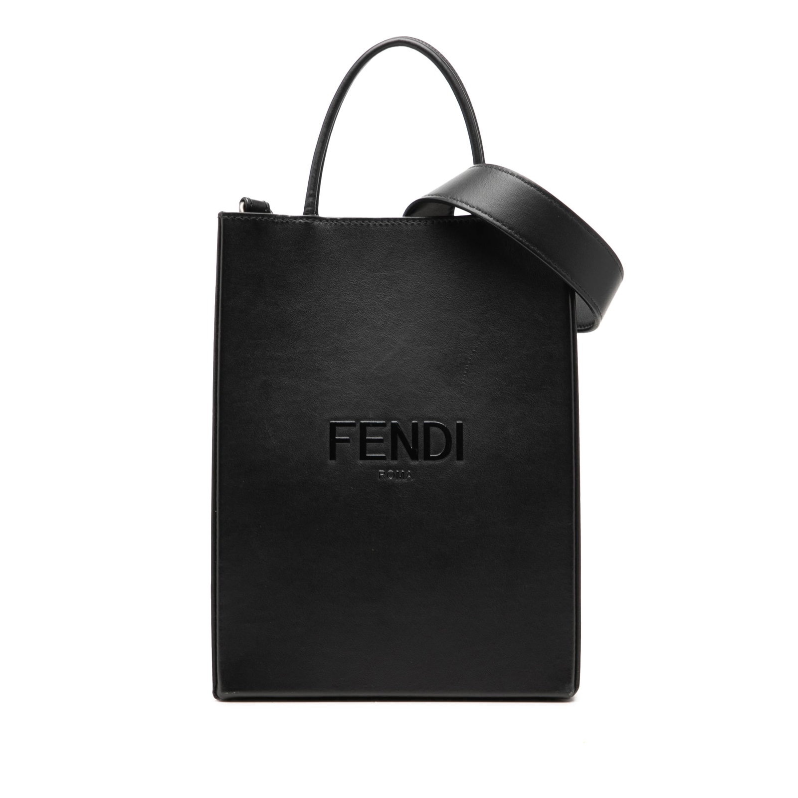 Fendi Small Fendi Pack leather satchel bag black: Fendi Small Fendi Pack leather satchel bag black Small Fendi Pack Shopping Bag in black leather with rolled leather handles, a detachable flat leather strap, an open top with magnetic snap closure, an