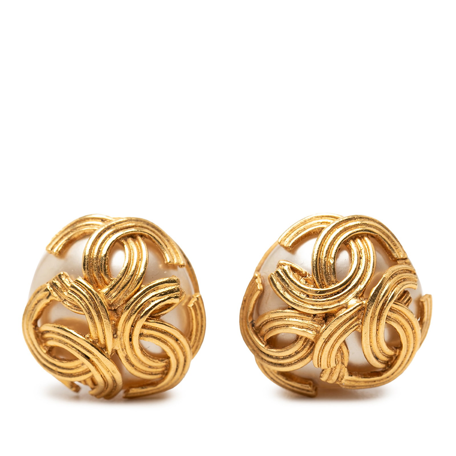 Chanel Triple CC Faux Pearl Clip-On Earrings Gold Plated: Chanel Triple CC Faux Pearl Clip-On Earrings Gold Plated These Chanel clip-on earrings feature a gold-plated metal body adorned with faux pearl accents and the iconic triple CC motif. Designed as cost