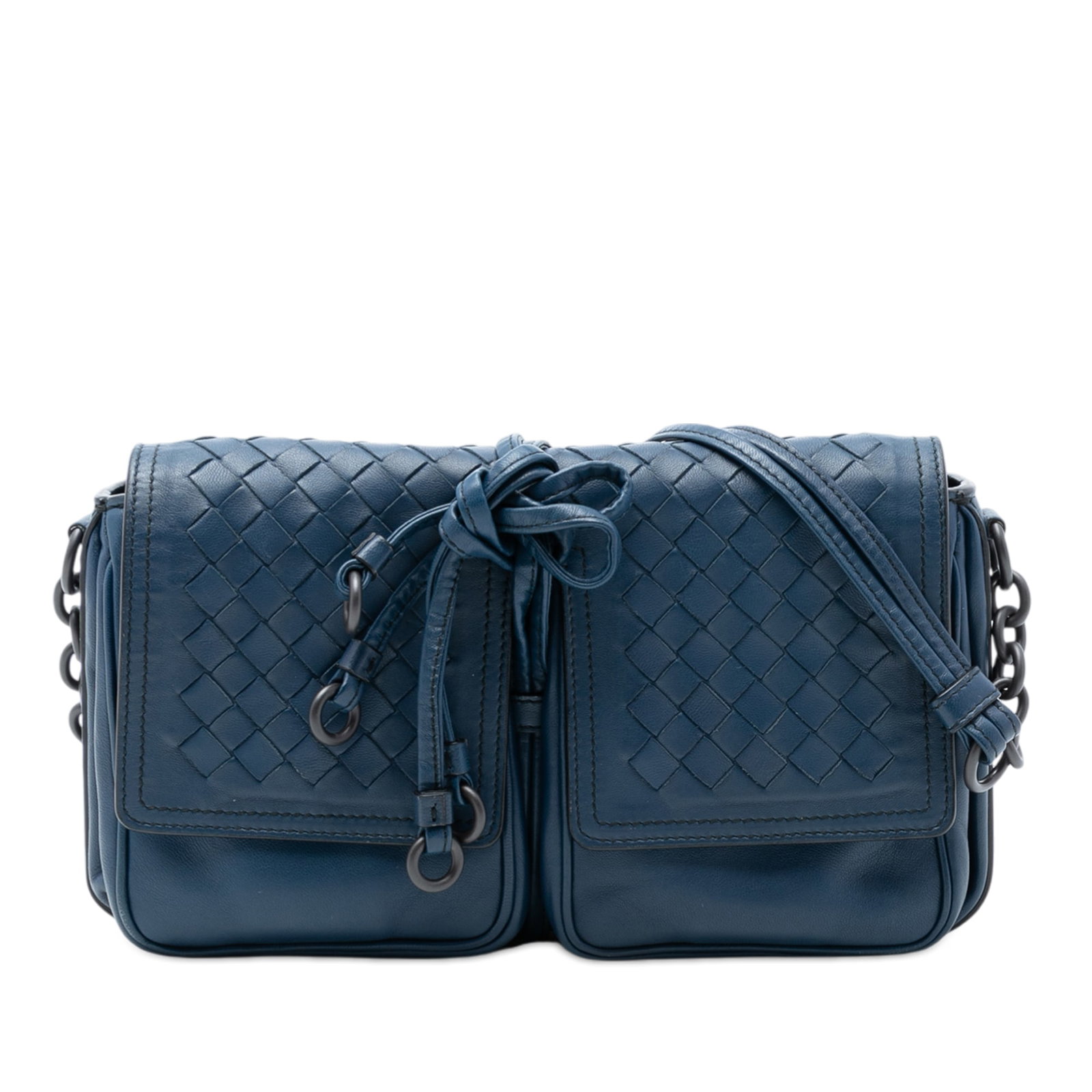 Bottega Veneta Blue Leather Woven Crossbody with Double Front Pockets: Bottega Veneta Blue Leather Woven Crossbody with Double Front Pockets This Bottega Veneta Nappa Intrecciato Double Pocket Flap Crossbody features a woven leather design with a flat leather strap. It i