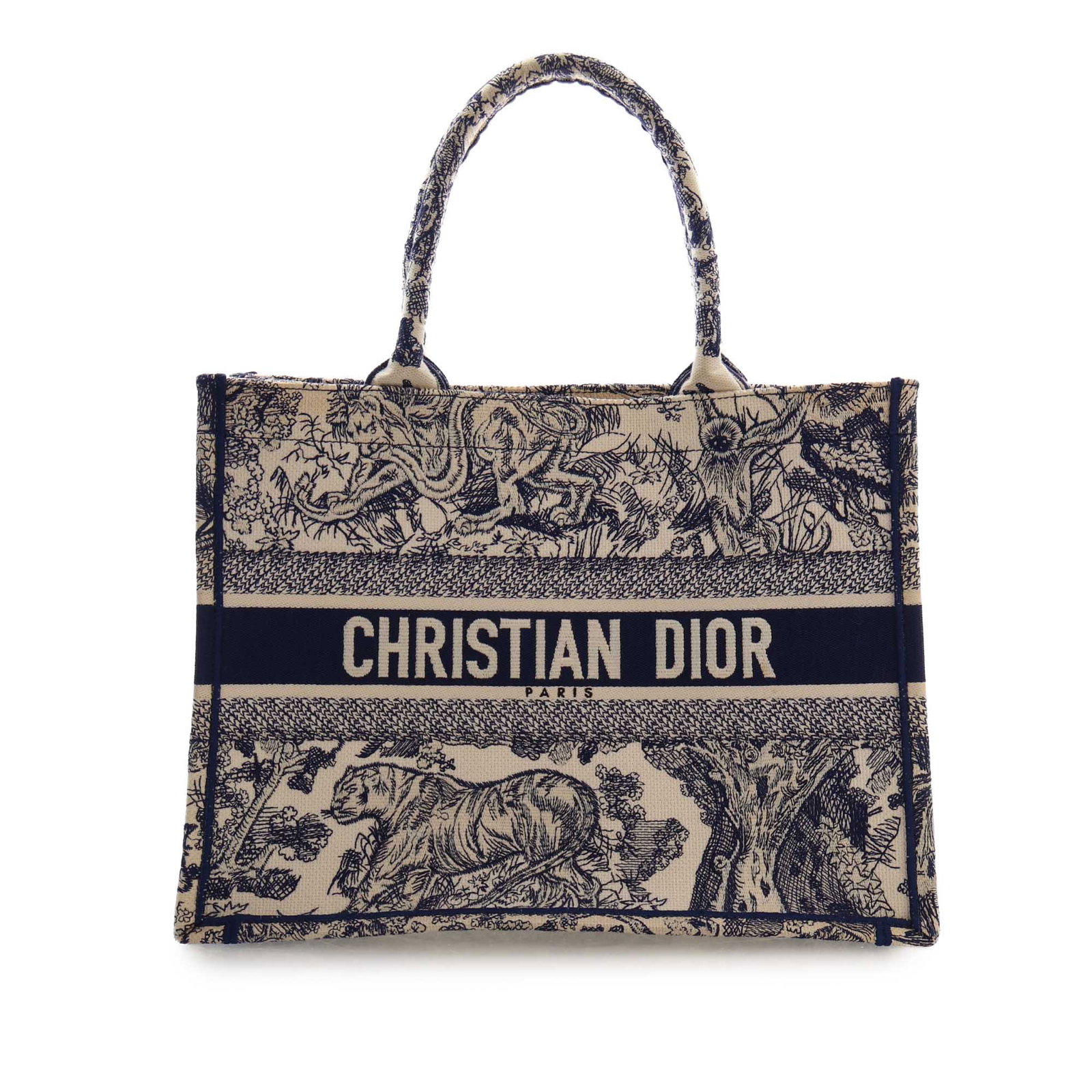 Dior Dioriviera Toile de Jouy Medium Book Tote Canvas: Dior Dioriviera Toile de Jouy Medium Book Tote Canvas Medium Dioriviera Toile De Jouy Book Tote with an embroidered canvas body, rolled canvas handles, and an open-top design. The item shows signs of 