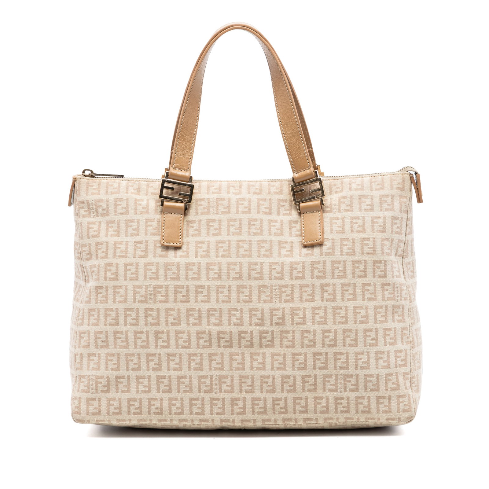Fendi Zucchino Tote Bag in Beige Canvas: Fendi Zucchino Tote Bag in Beige Canvas Fendi Zucchino canvas tote in beige with flat leather straps, a top zip closure, and an interior slip pocket. Made in Italy. Condition AB with visible wear and 
