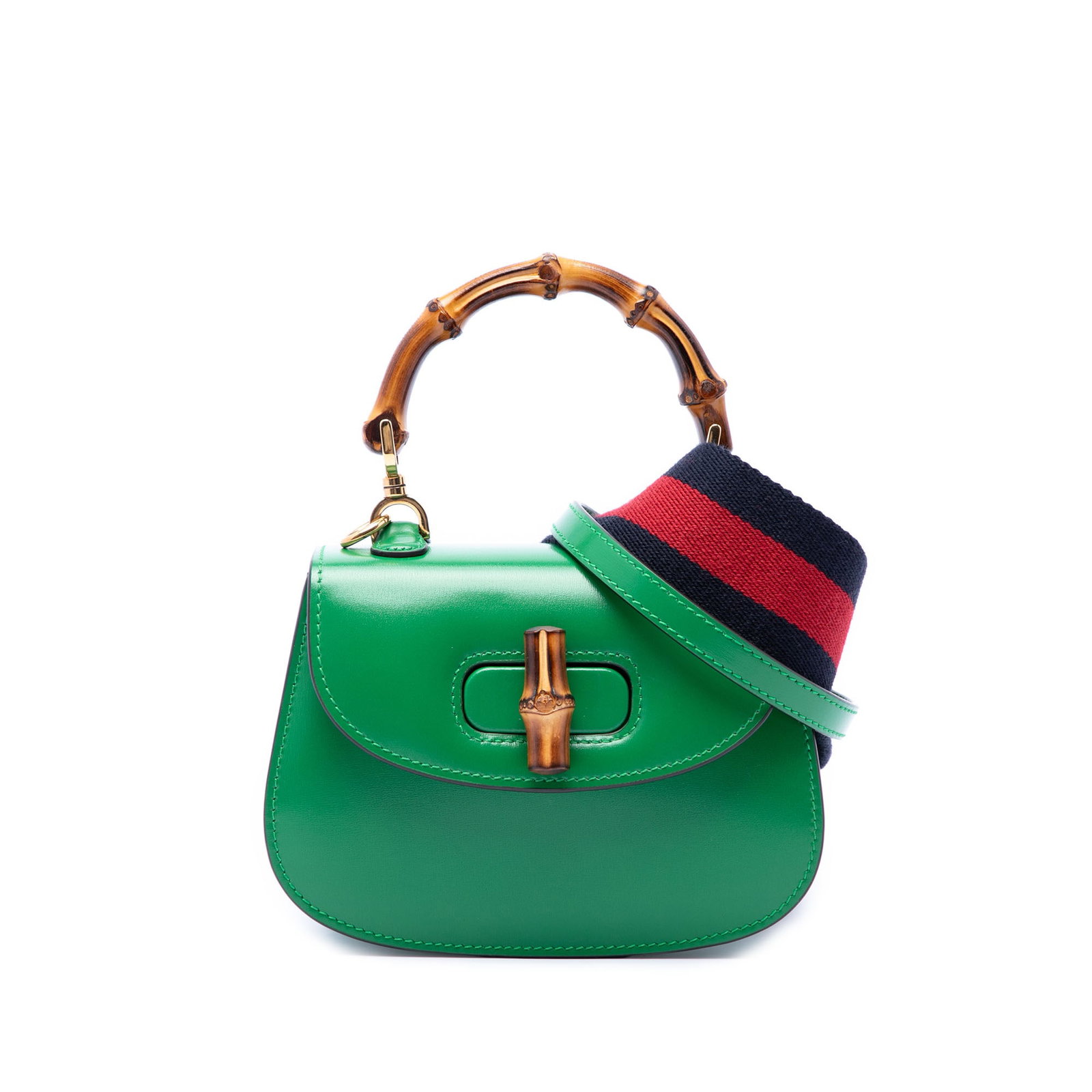 Gucci 1947 Bamboo Mini Top Handle Satchel Green Calfskin: Gucci 1947 Bamboo Mini Top Handle Satchel Green Calfskin Gucci Mini Calfskin Web 1947 Bamboo Top Handle Bag in green leather with a bamboo top handle, detachable flat web canvas strap, and detachable 