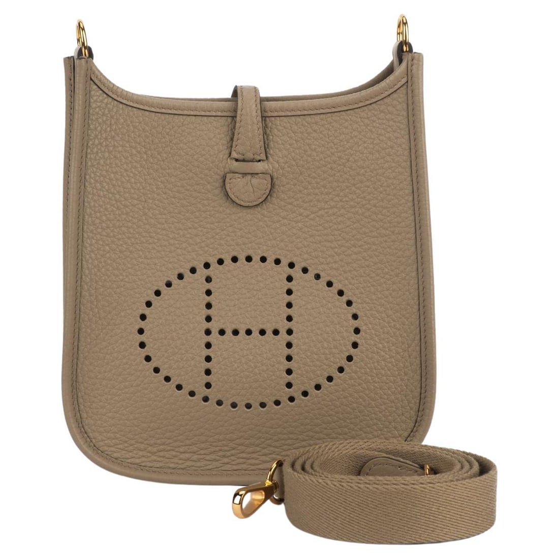 Hermes Mini Evelyne Sage Clemence Leather Crossbody Bag: Hermes Mini Evelyne Sage Clemence Leather Crossbody Bag Introducing the Hermes Mini Evelyne, a stylish shoulder bag crafted from luxurious sage clemence leather with elegant gold plated hardware. This
