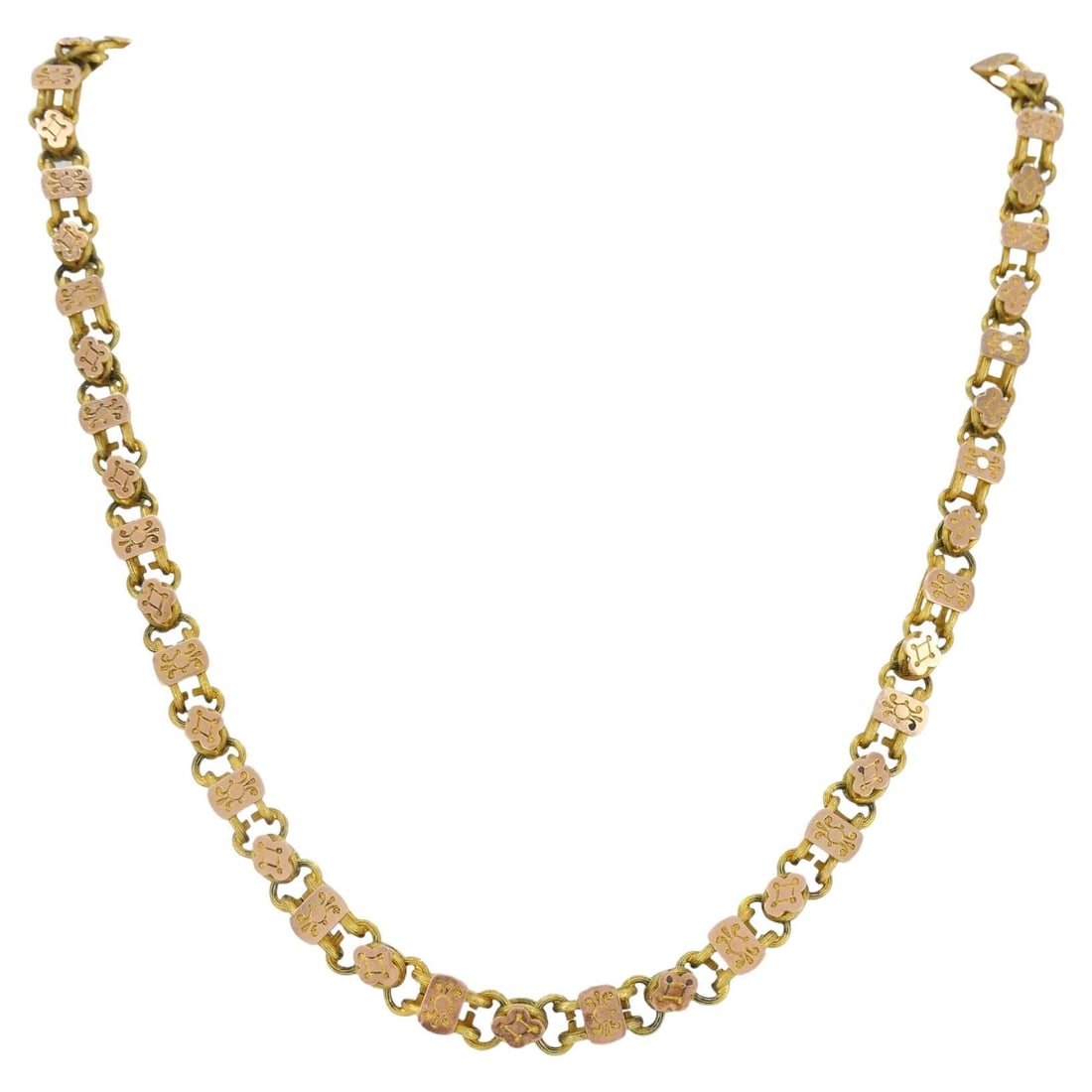 Victorian 14K Yellow and Rose Gold Decorative Link Necklace 17.5 In: Victorian 14K Yellow and Rose Gold Decorative Link Necklace 17.5 In This elegant Victorian-era necklace is crafted in solid 14K gold and features a refined decorative link design with alternating yell