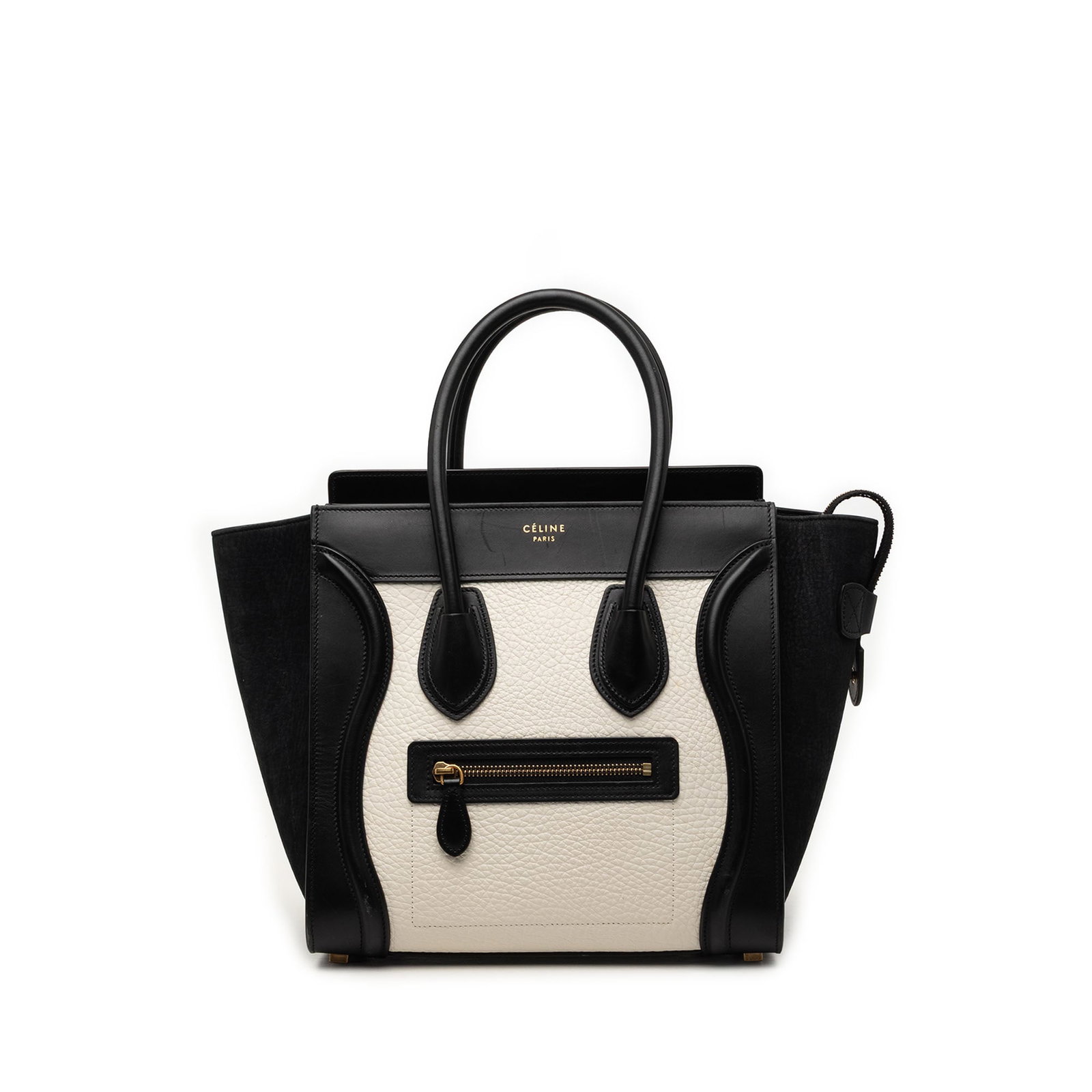 Celine Micro Luggage Tote in Bicolor Nubuck and Drummed Calfskin: Celine Micro Luggage Tote in Bicolor Nubuck and Drummed Calfskin Celine Micro Luggage Tote in bicolor nubuck and drummed calfskin leather. This tote features rolled top handles, a top zip closure, an 