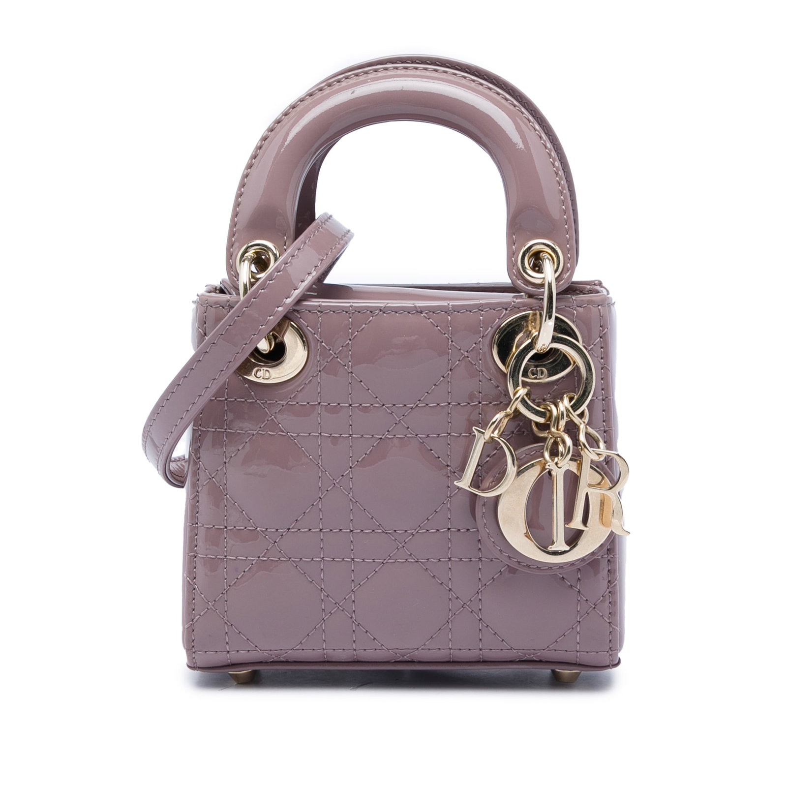 Dior Micro Lady Dior Pink Patent Leather Bag: Dior Micro Lady Dior Pink Patent Leather Bag Compact Lady Dior micro bag crafted in pink patent leather with Cannage quilting. This piece features flat top handles, a detachable flat leather strap, a 
