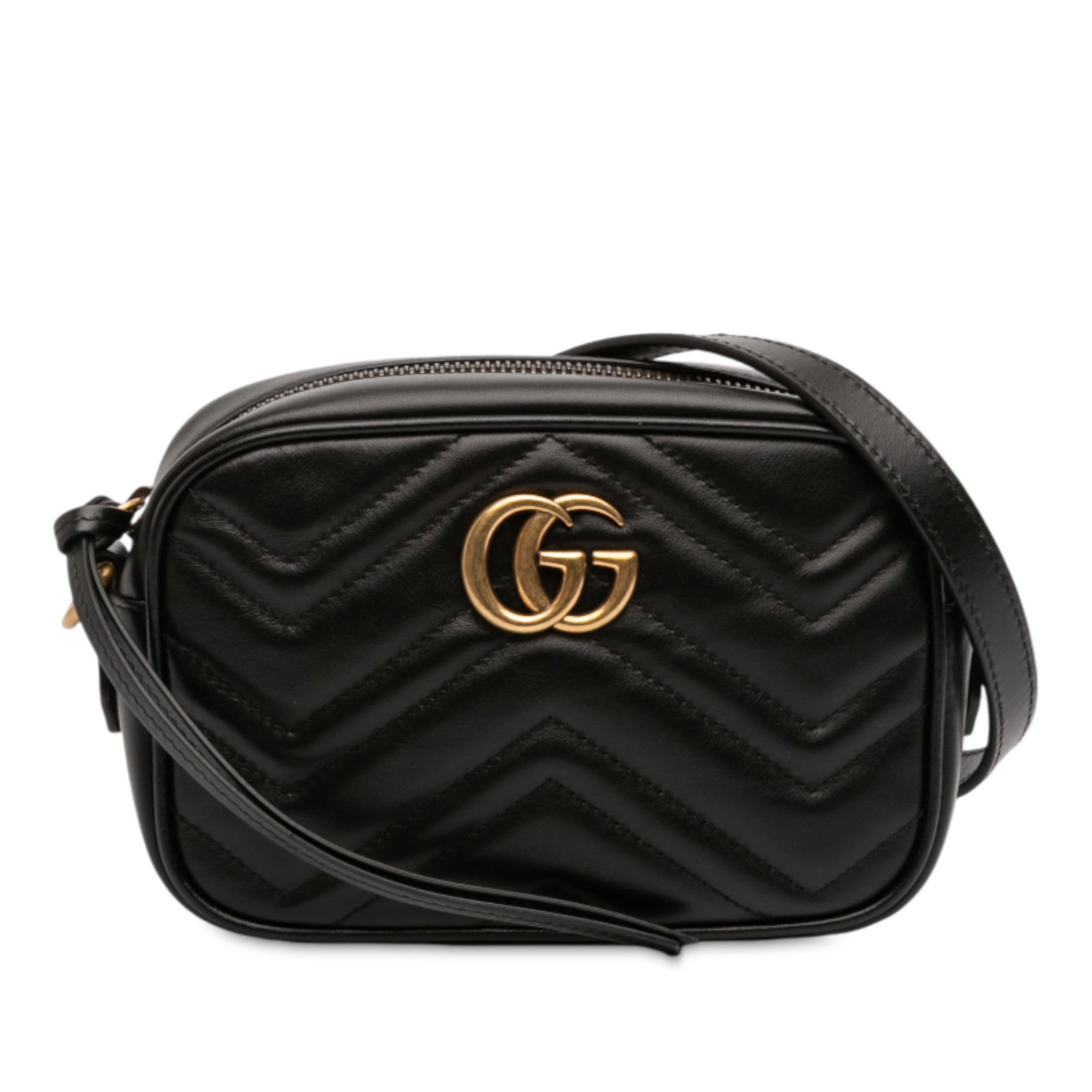 Gucci GG Marmont Mini Leather Crossbody Bag Black: Gucci GG Marmont Mini Leather Crossbody Bag Black Gucci Mini GG Marmont Matelasse Leather Crossbody in black quilted leather. This crossbody bag features a chain-link strap with leather guard, a top z