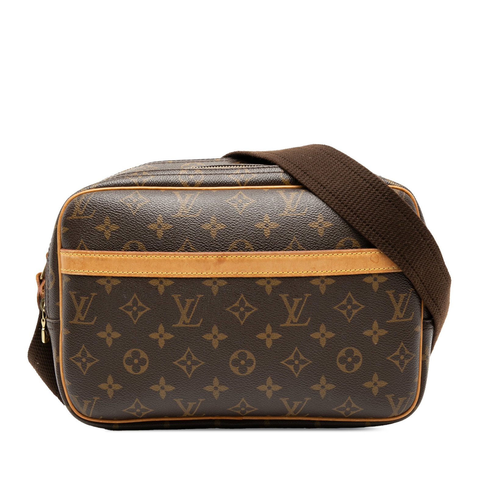 Louis Vuitton Monogram Reporter PM bag with vachetta leather trim and dual compartments: Louis Vuitton Monogram Reporter PM bag with vachetta leather trim and dual compartments The Louis Vuitton Monogram Reporter PM is crafted from iconic monogram canvas with vachetta leather trim. This b