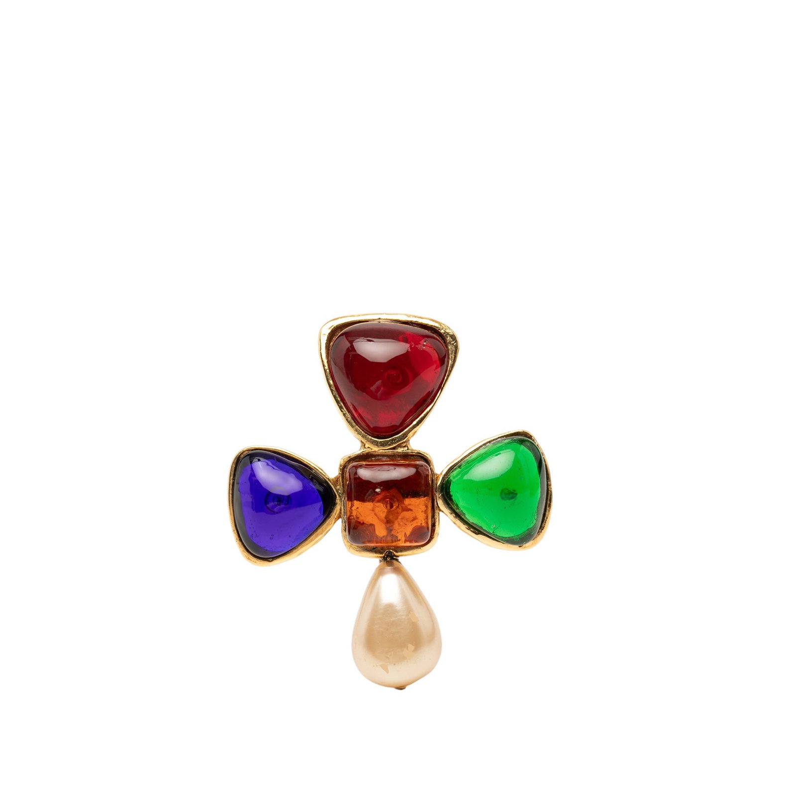 Chanel Gripoix Faux Pearl Gold Plated Brooch Pin: Chanel Gripoix Faux Pearl Gold Plated Brooch Pin Chanel pin brooch crafted in gold plated metal with multicolored Gripoix-style pate de verre glass and faux pearl detailing. This costume jewelry piece