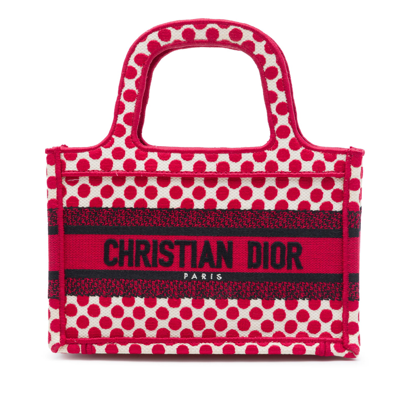 Dior DiorAmour Mini Book Tote in Embroidered Dotted Canvas: Dior DiorAmour Mini Book Tote in Embroidered Dotted Canvas A DiorAmour Mini Book Tote crafted in embroidered canvas with a dotted design. This open-top bag features flat top handles and a structured t