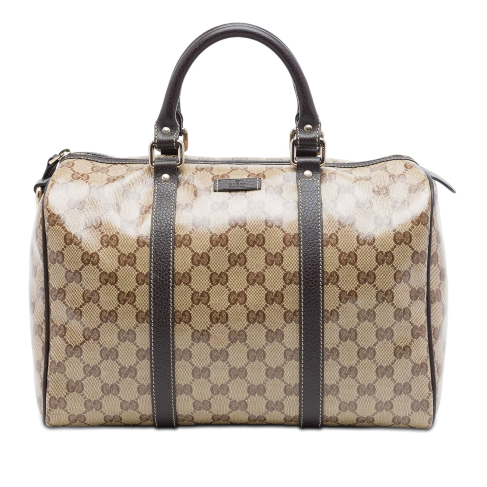 Gucci GG Crystal Joy Medium Boston Bag Beige Coated Canvas: Gucci GG Crystal Joy Medium Boston Bag Beige Coated Canvas Gucci Medium GG Crystal Joy Boston Bag in beige with a coated canvas body and leather trim. This Boston bag features rolled leather handles, 