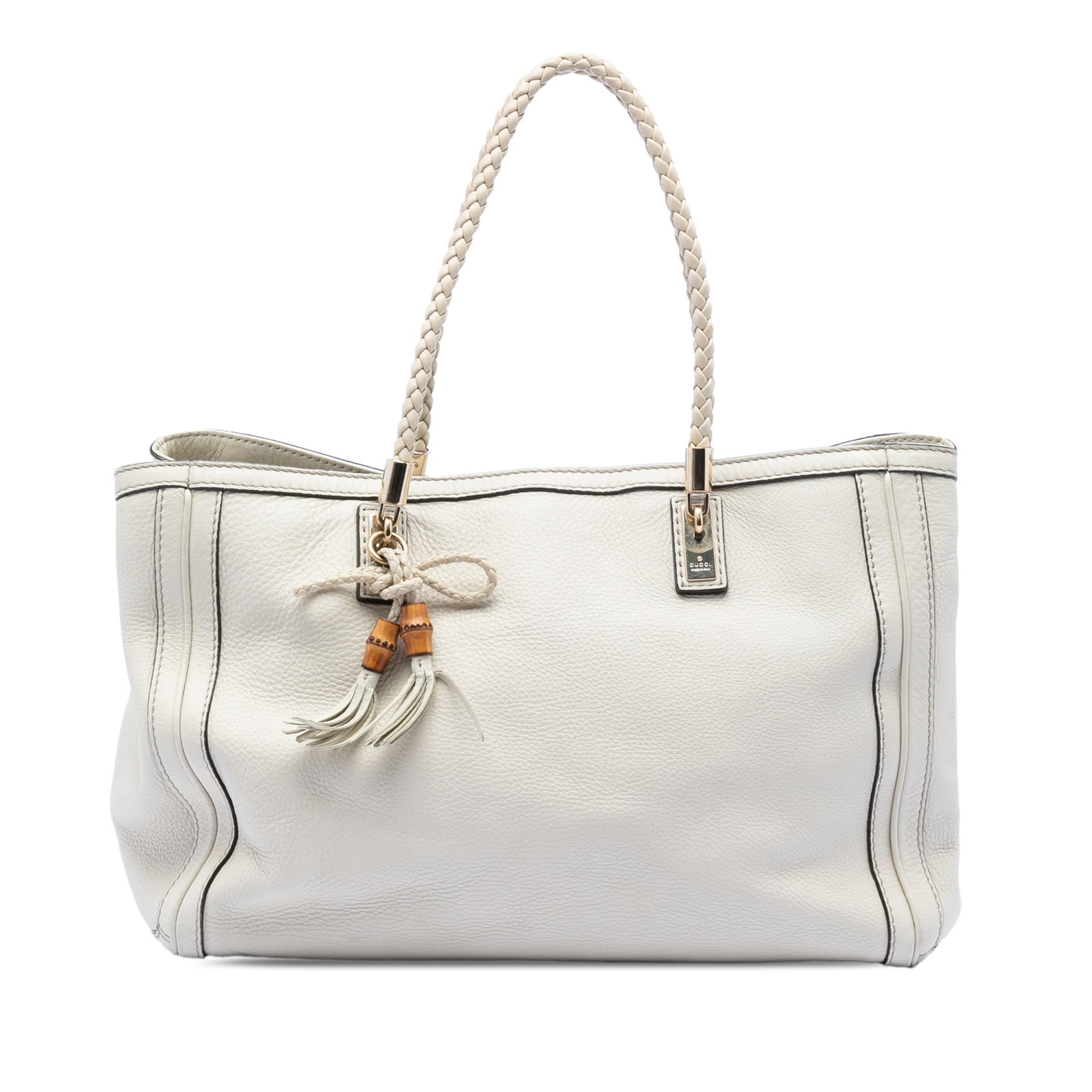 Gucci Bella Tote White Leather Shoulder Bag: Gucci Bella Tote White Leather Shoulder Bag Gucci Bella tote crafted in calfskin leather with braided leather straps and an open top with lobster clasp closure. The interior includes a zip compartment