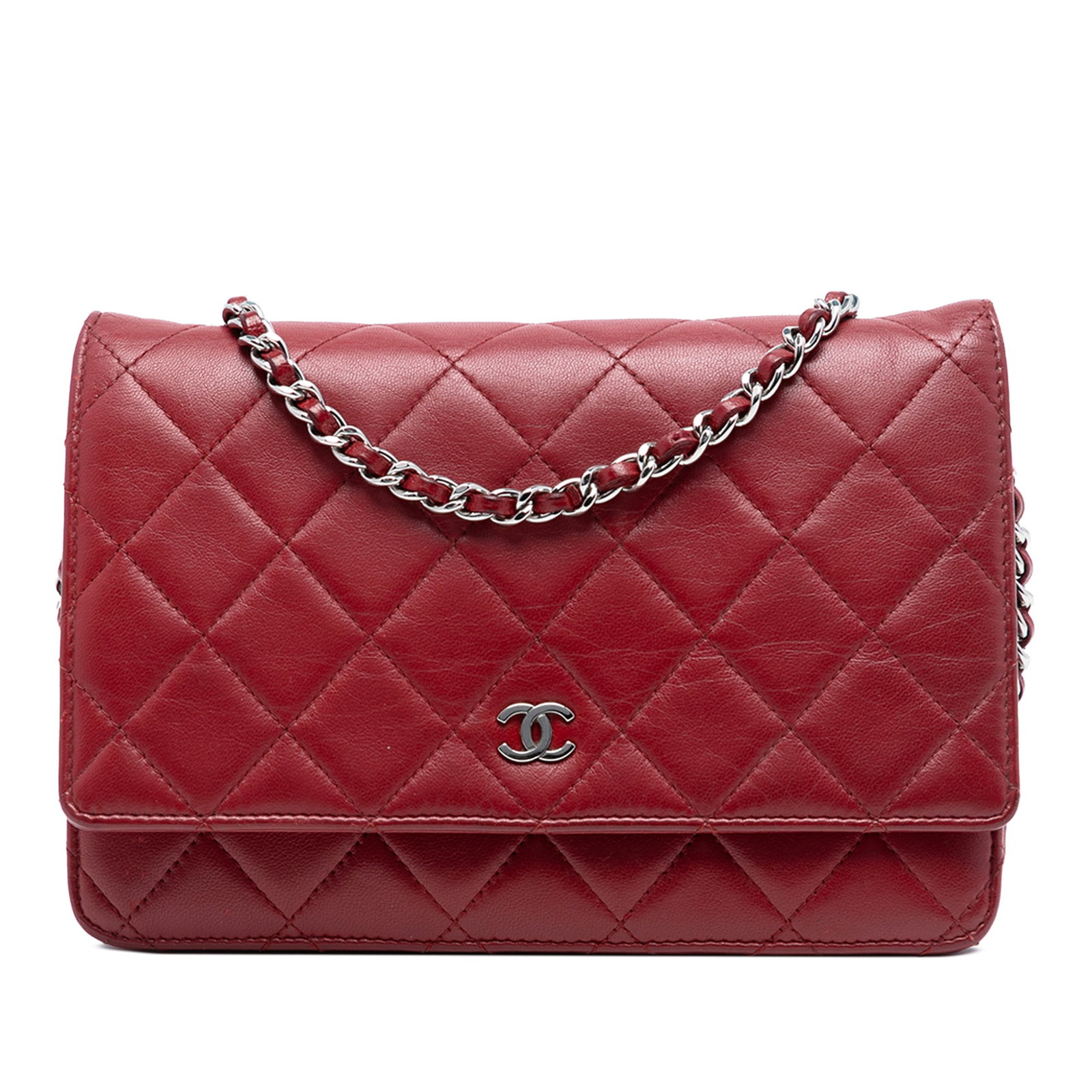 Red Chanel Wallet on Chain Quilted Lambskin Leather with CC Logo: Red Chanel Wallet on Chain Quilted Lambskin Leather with CC Logo This Chanel CC Quilted Lambskin Wallet on Chain features a red quilted lambskin leather body with a silver-tone leather woven chain str