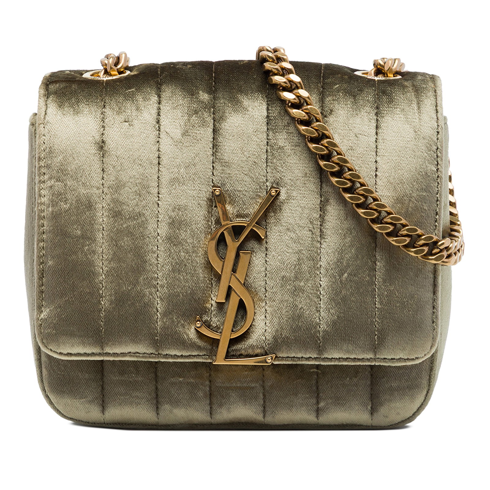 Saint Laurent Vicky Small Quilted Velvet Crossbody Bag: Saint Laurent Vicky Small Quilted Velvet Crossbody Bag Saint Laurent Small Velvet Monogram Vicky Chain Bag crafted with a quilted velvet body and a chain link strap with leather guard. The design incl