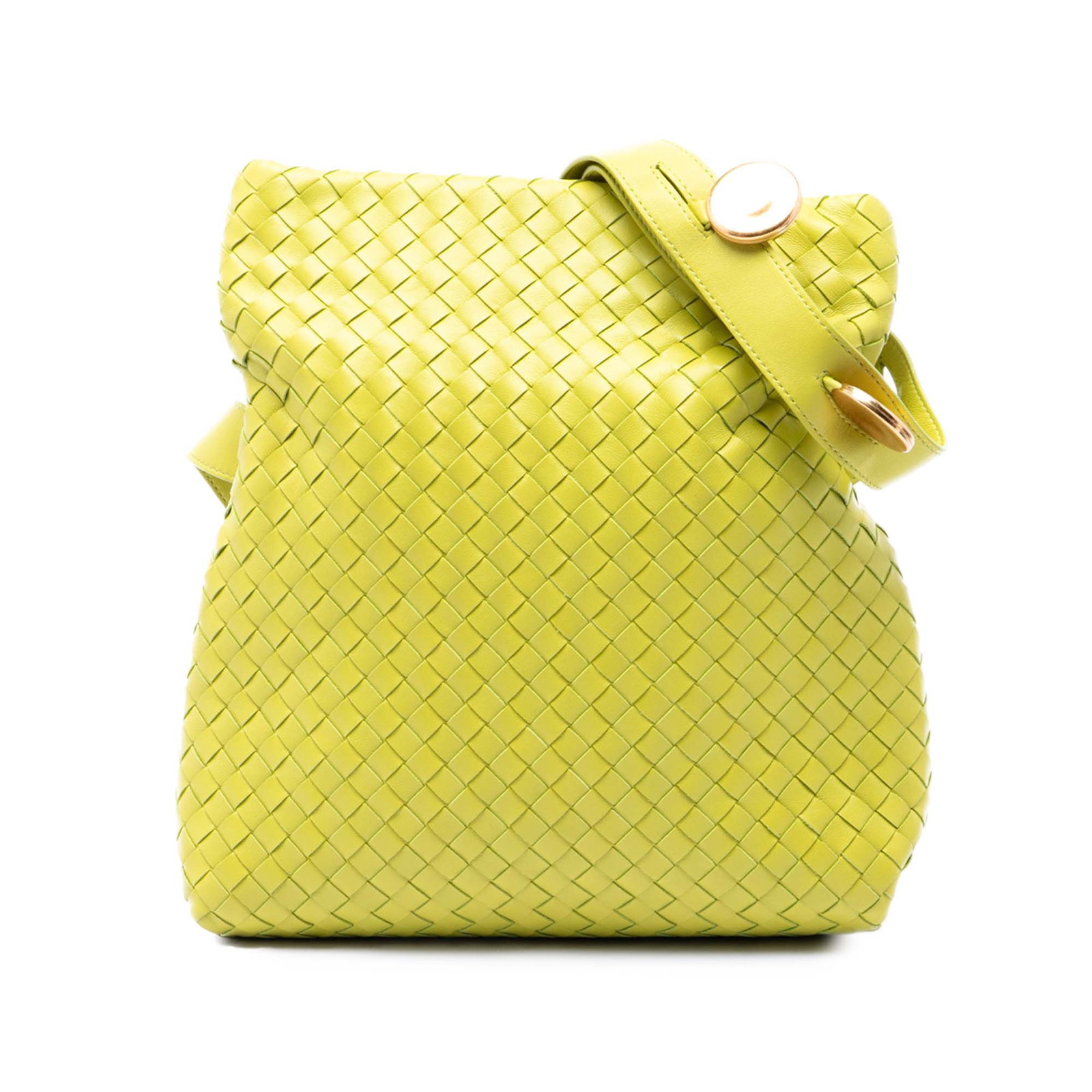 Bottega Veneta Intrecciato Fold Crossbody Bag in Yellow Nappa Leather: Bottega Veneta Intrecciato Fold Crossbody Bag in Yellow Nappa Leather Bottega Veneta Nappa Intrecciato Fold Crossbody in yellow woven nappa leather. This crossbody bag features a flat leather shoulder