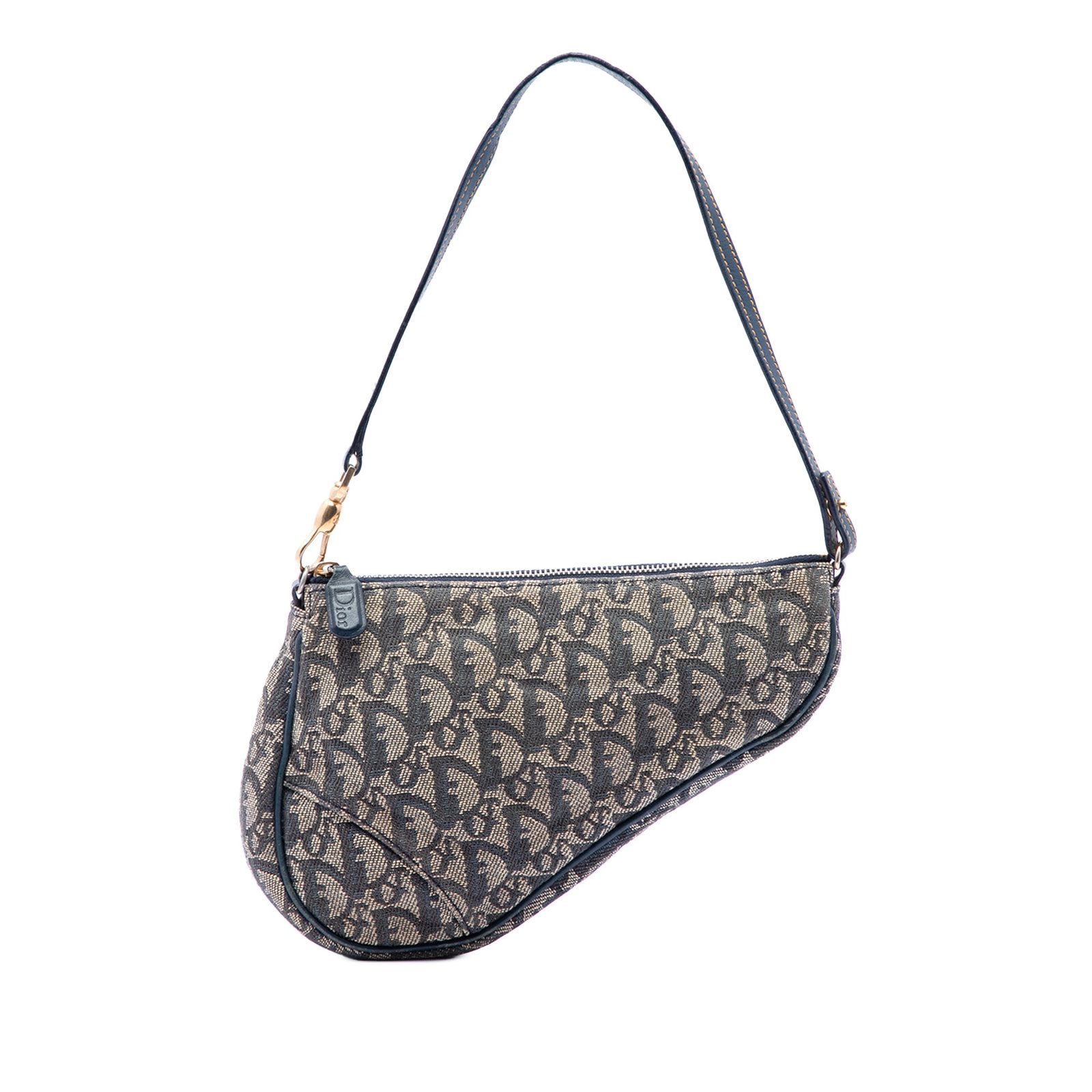 Dior Mini Diorissimo Saddle Pochette Blue Canvas Bag: Dior Mini Diorissimo Saddle Pochette Blue Canvas Bag Mini Diorissimo Canvas Saddle Pochette in blue fabric with a flat leather handle and top zip closure. Made in Spain. Condition is B+ with visible w